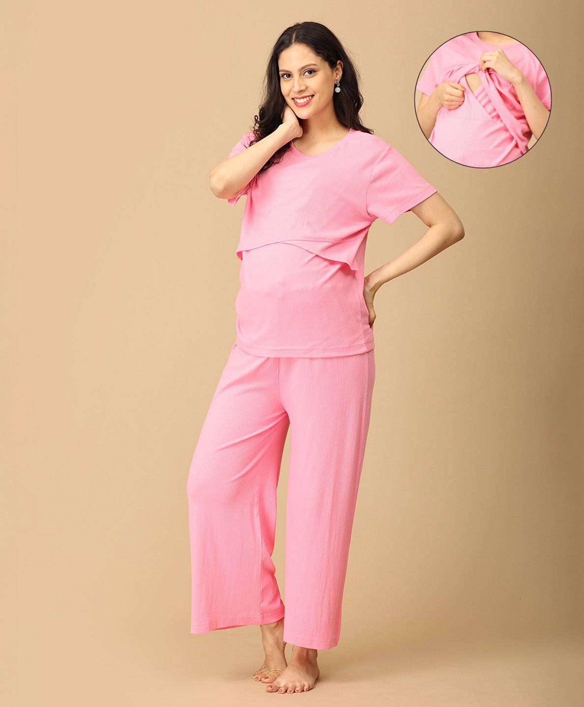 The Mom Store Cotton Spandex Knit Half Sleeves Solid Coordinating Maternity Night Suit Set With Nursing Access - Pink-picture-42
