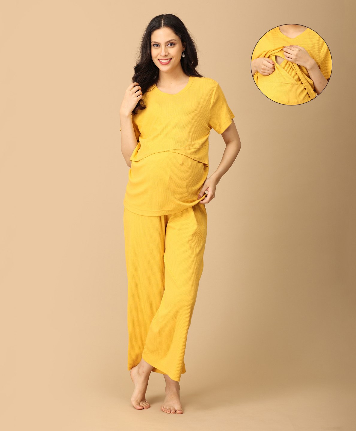 The Mom Store Cotton Spandex Knit Half Sleeves Solid Coordinating Maternity Night Suit Set With Nursing Access - Yellow-picture-43