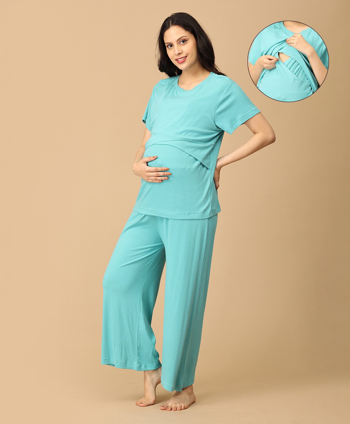 The Mom Store Cotton Spandex Knit Half Sleeves Solid Coordinating Maternity Night Suit Set With Nursing Access - Turquoise-picture-44