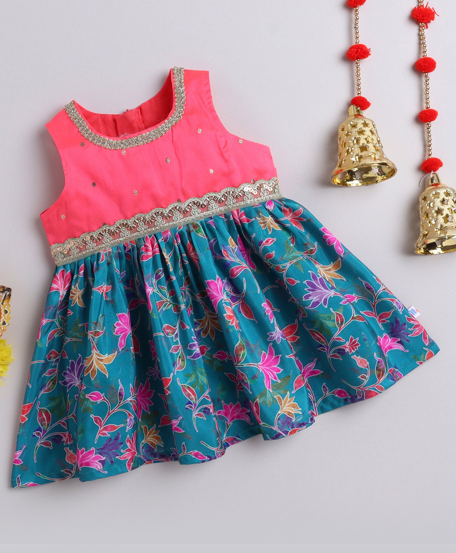 Many frocks & Blended Woven Sleeveless Floral Printed & Gota Lace Embellished Dress - Pink & Blue-image-36