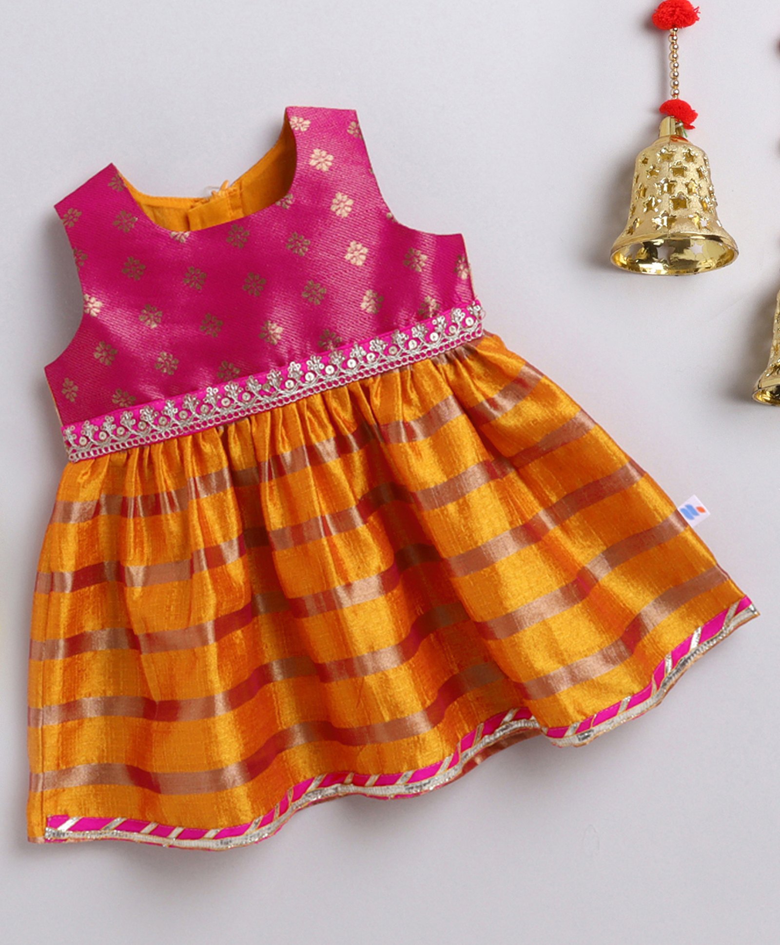 Many Frocks & brocade sleeveless lace embellished knee length Onam ethnic dress - Pink & Yellow-image-3