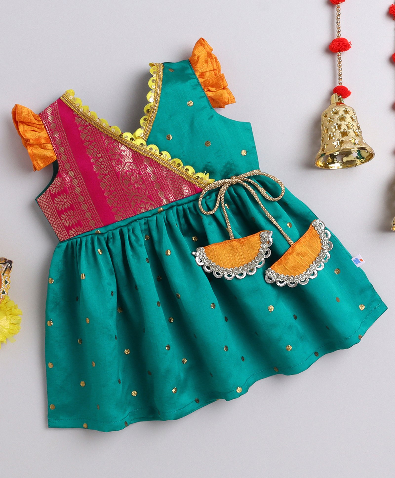 Many frocks & Blended Woven Frill Sleeves Polka Dots Foil Printed & Gota Lace Embellished Ethnic Dress - Green & Pink-picture-23