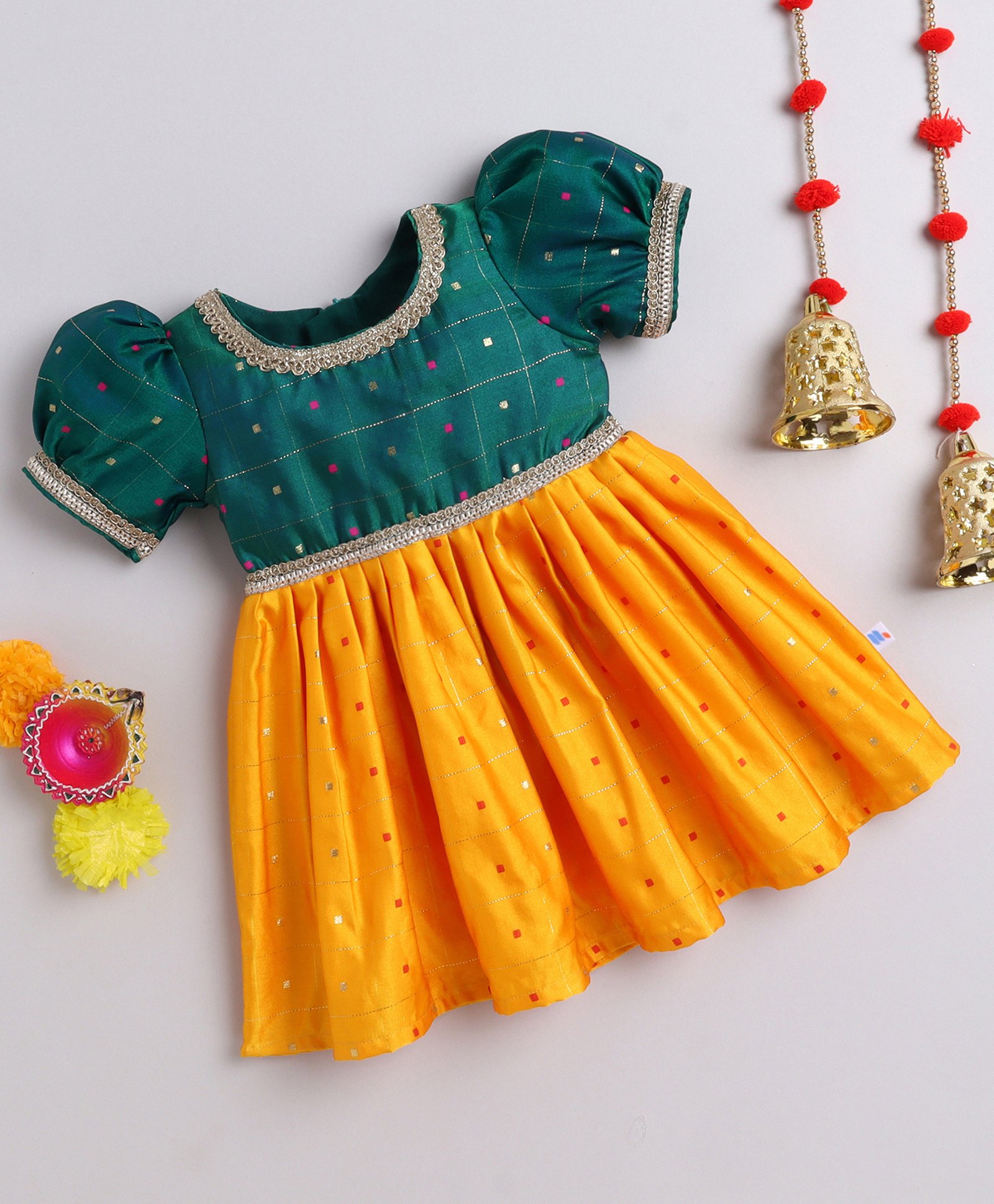Many Frocks & woven boti & lace embellished puff sleeves knee length Onam ethnic dress - Yellow & Green-image-33