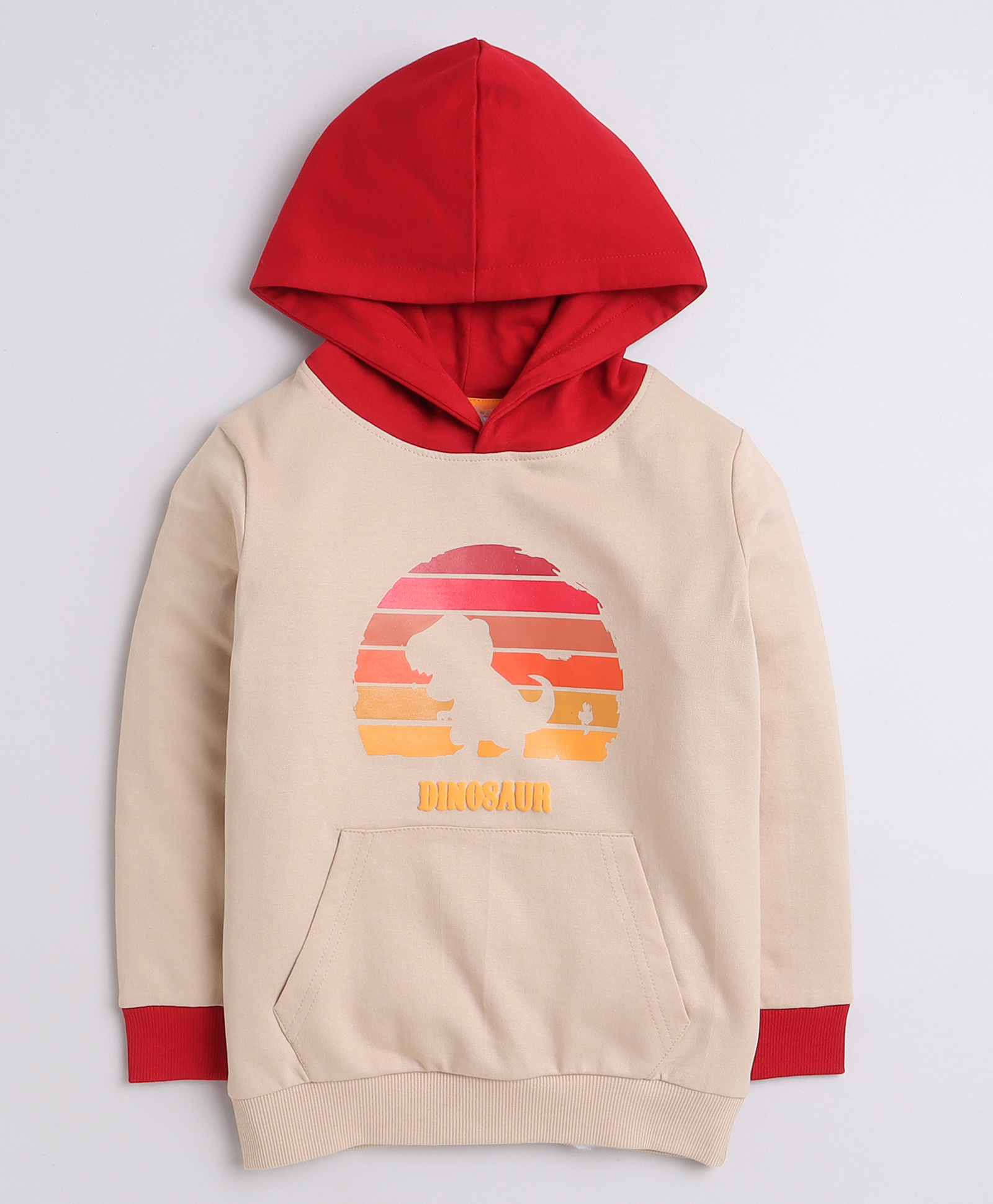 BUMZEE Fleece Knit Full Sleeves Dino Printed Hooded Sweatshirt With Kangaroo Pockets - Beige-image-35