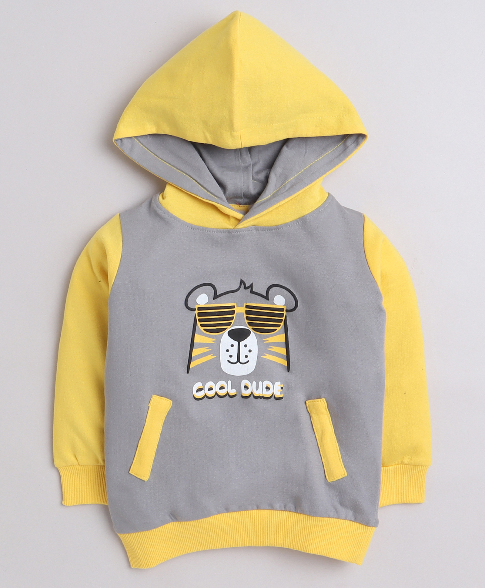 BUMZEE Fleece Knit Full Sleeves Lion Printed Hooded Sweatshirt - Grey & Yellow-image-5