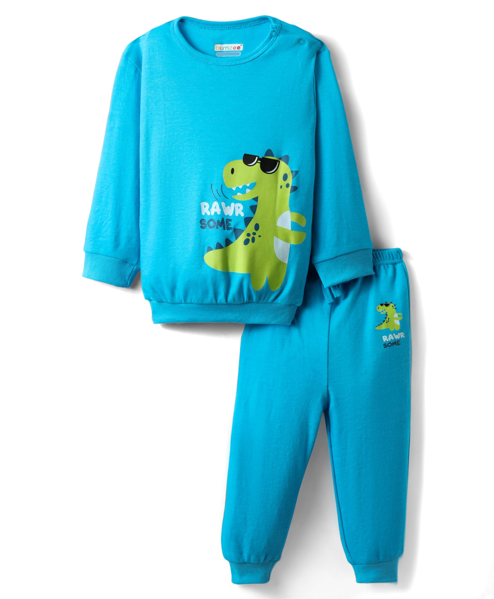 BUMZEE Cotton Knit Full Sleeves Dino Printed Sweatshirt & Jogger Set - Light Blue-image-43