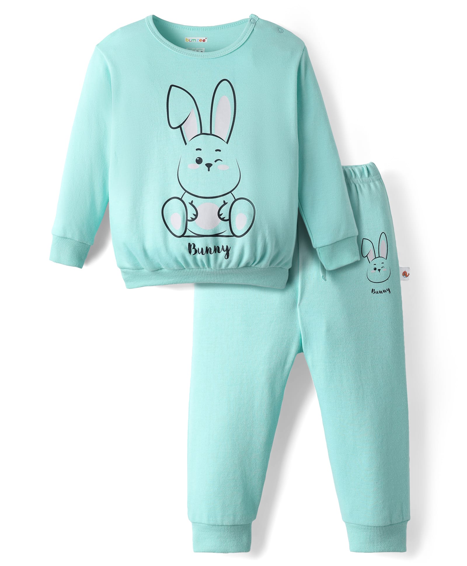 BUMZEE Cotton Knit Full Sleeves Bunny Printed Sweatshirt & Jogger Set - Sea Green-image-46
