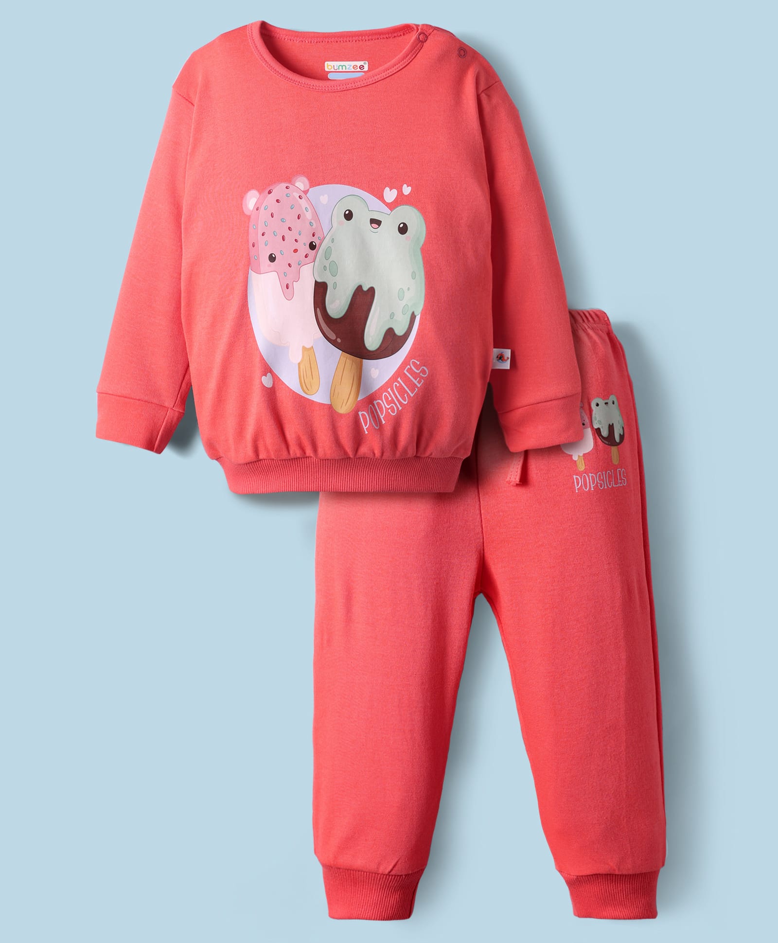 BUMZEE Cotton Knit Full Sleeves Popsicle's Printed Sweatshirt & Jogger Set - Coral-image-23