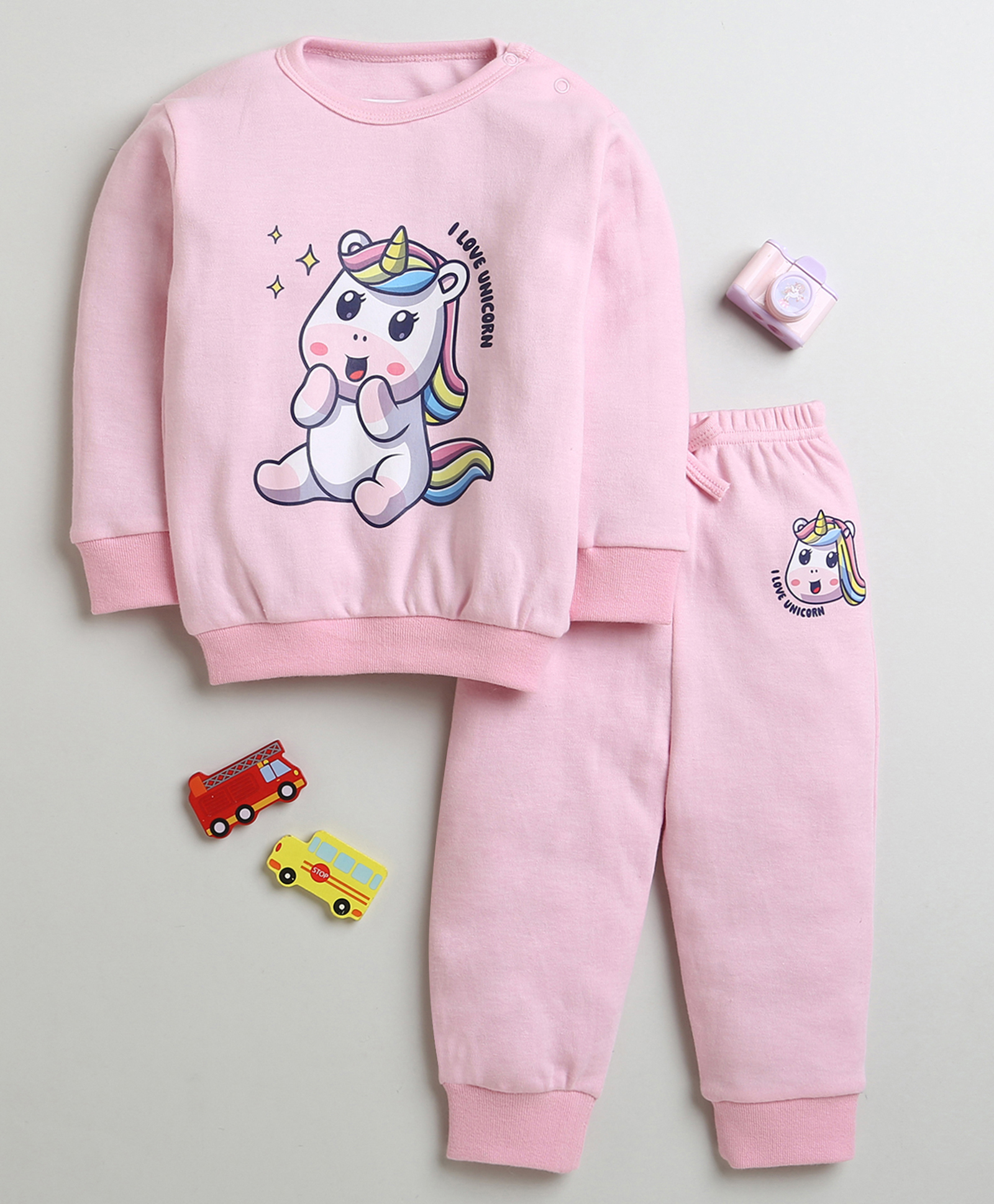 BUMZEE Cotton Knit Full Sleeves Cotton Unicorn Printed Sweatshirt & Jogger Set - Light Pink-picture-21