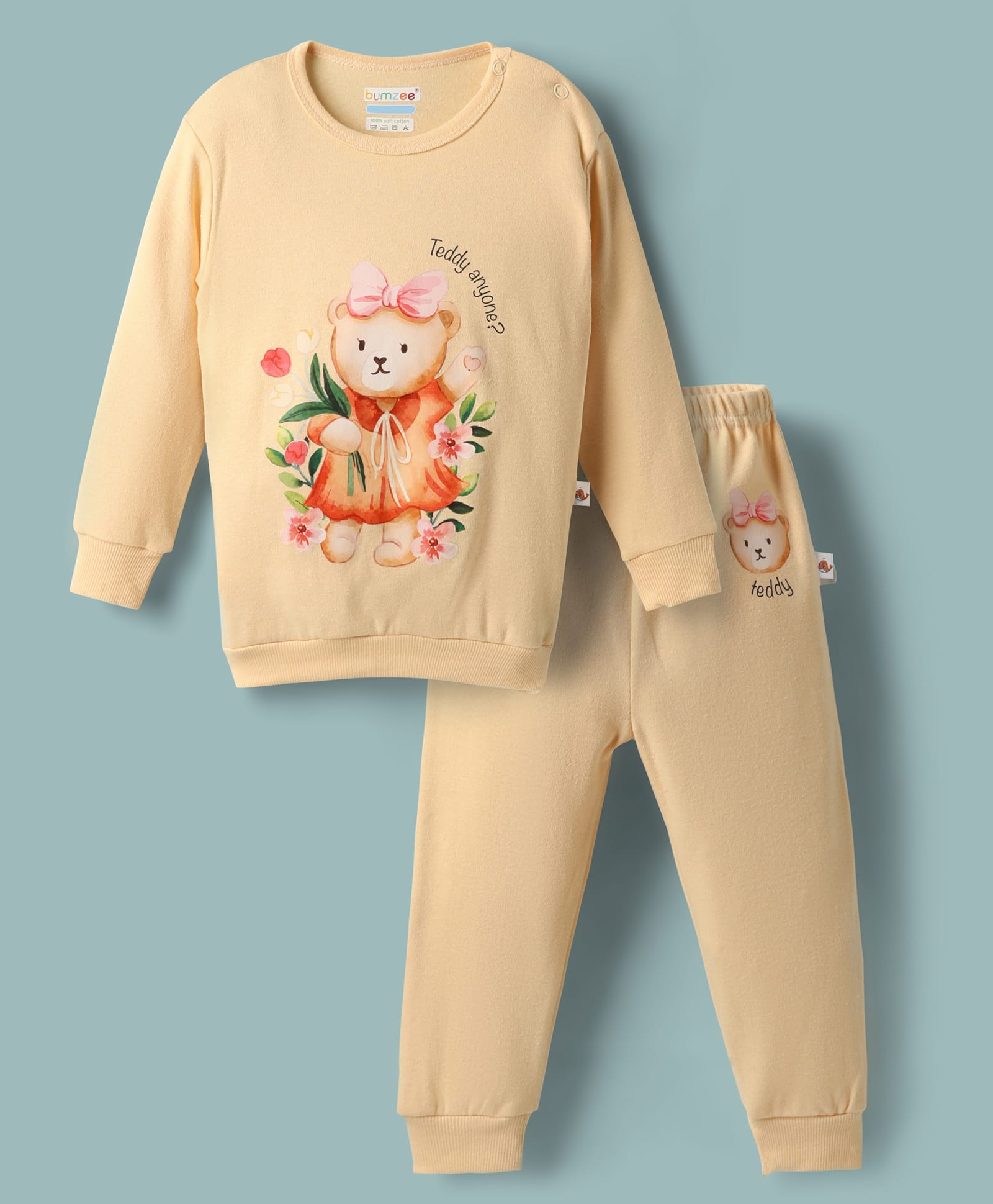 BUMZEE Cotton Knit Full Sleeves Cotton Teddy Bear Printed Sweatshirt & Jogger Set - Peach-image-49