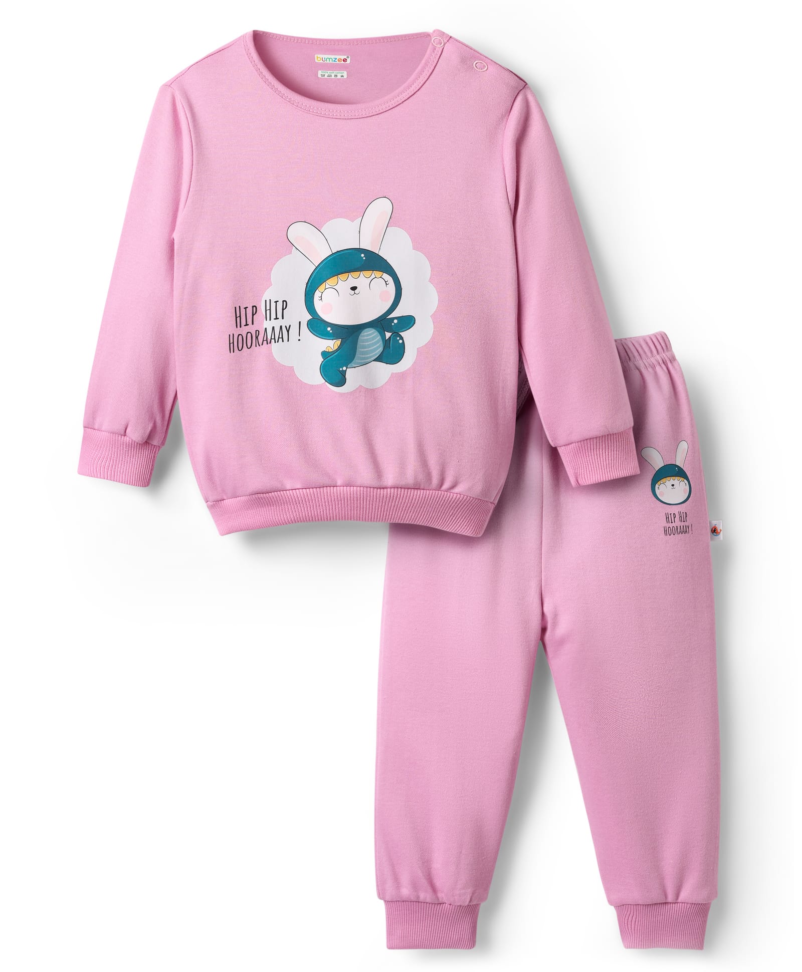 BUMZEE Cotton Knit Full Sleeves Cotton Bunny Printed Sweatshirt & Jogger Set - Pink-image-24