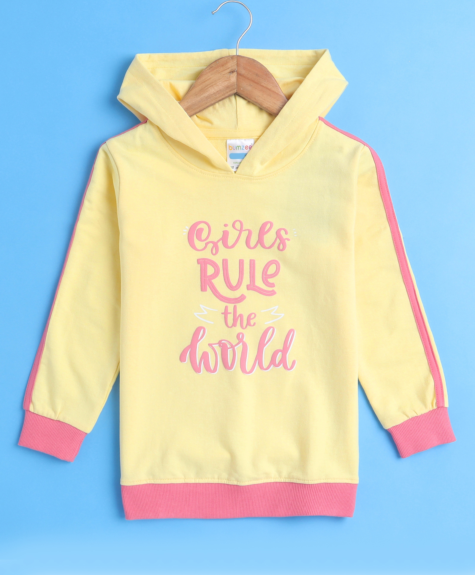 BUMZEE French Terry Knit Full Sleeves Text Printed Hooded Sweatshirt - Yellow-image-28