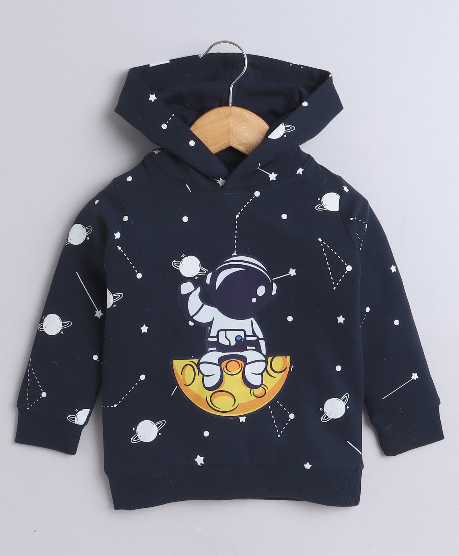 BUMZEE Fleece Knit Full Sleeves Astronaut Printed Hooded Sweatshirt - Navy Blue-image-23