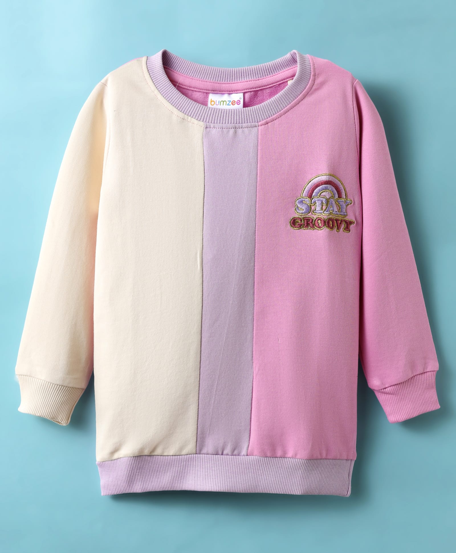 BUMZEE Looper Knit Full Sleeves Text Embroidered Sweatshirt With Color Block Design - Multicolor-picture-10