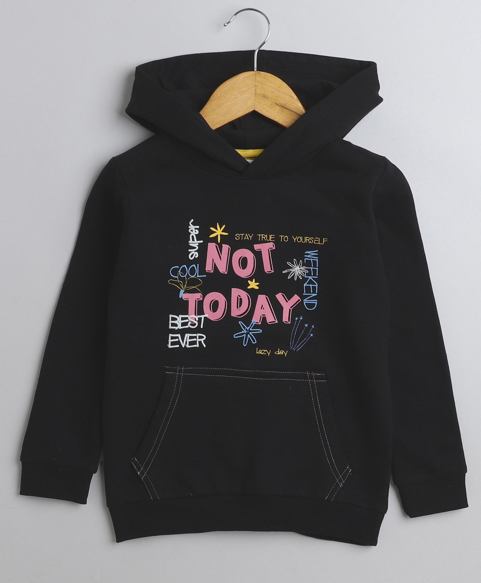 BUMZEE Fleece Knit Full Sleeves Text Printed Hooded Sweatshirt With Kangaroo Pockets - Black-picture-26