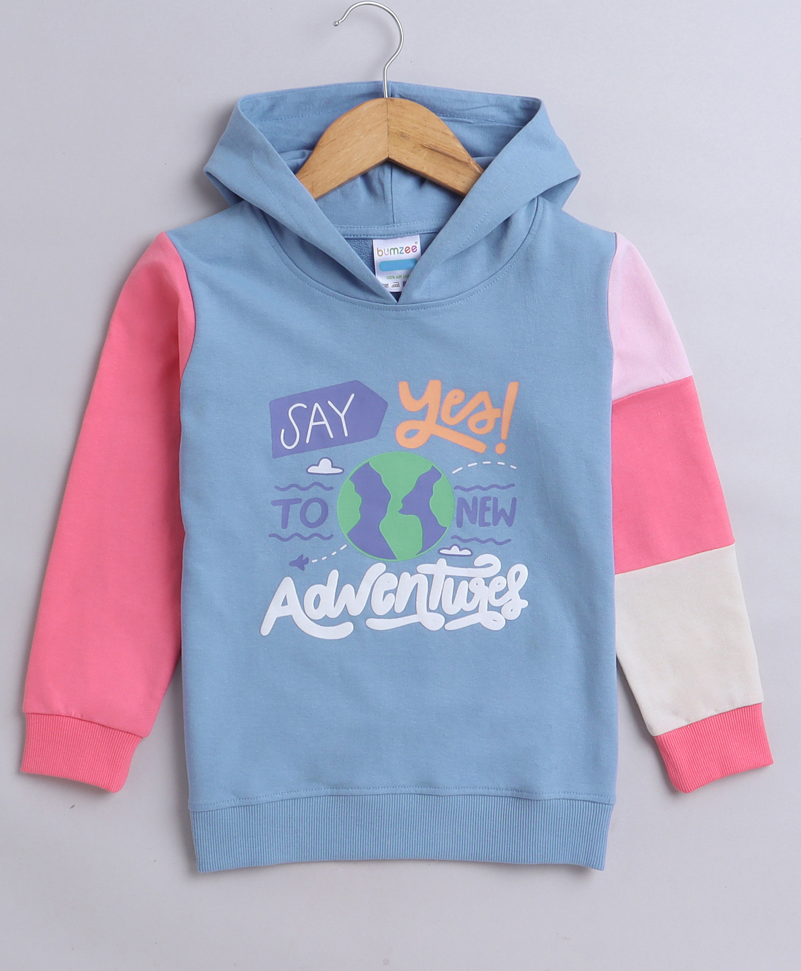 BUMZEE Looper Knit Full Sleeves Text Printed Hooded Sweatshirt - Blue & Pink-picture-17
