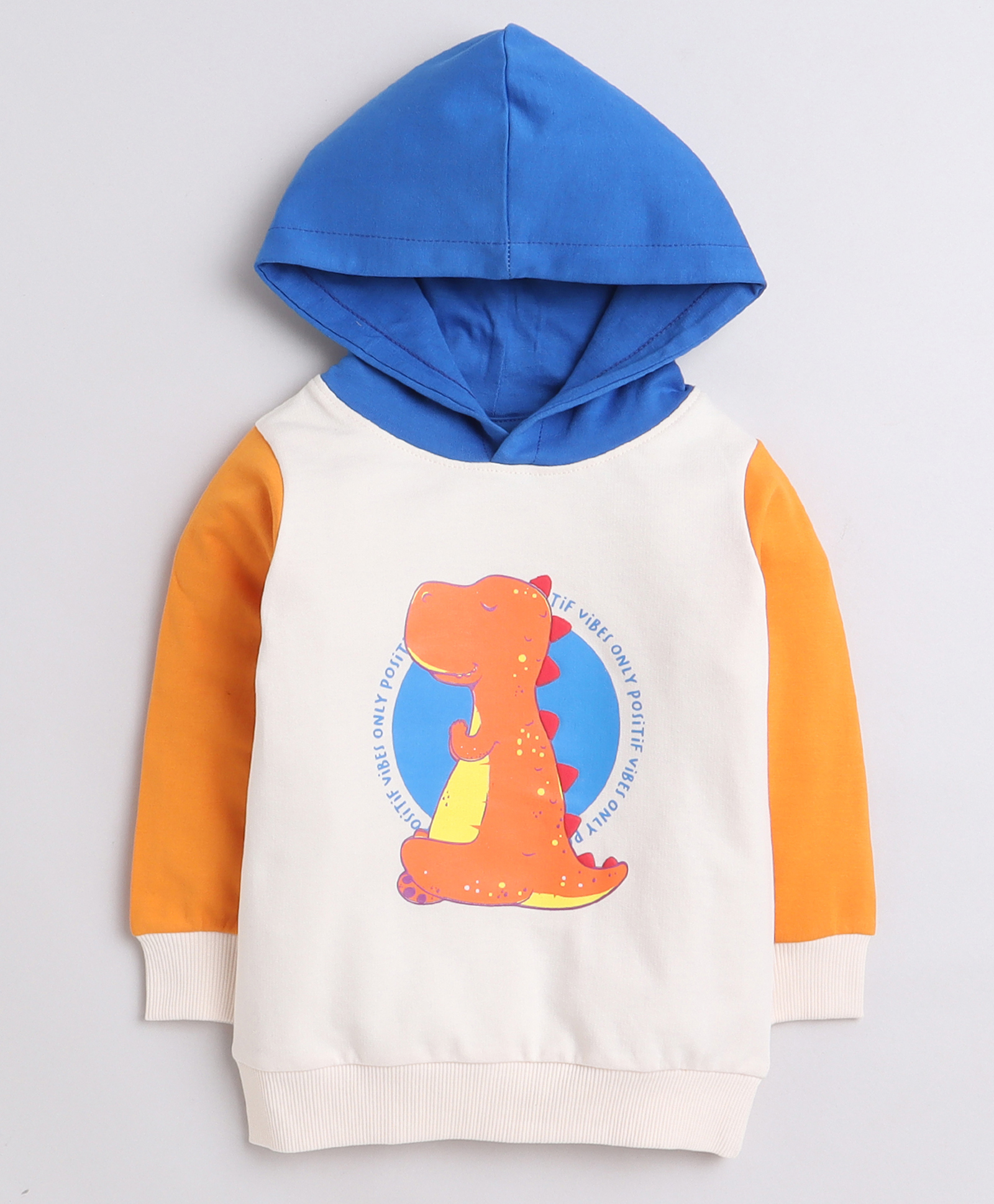 BUMZEE Looper Knit Full Sleeves Dino Printed Hooded Sweatshirt - Beige & Orange-image-24