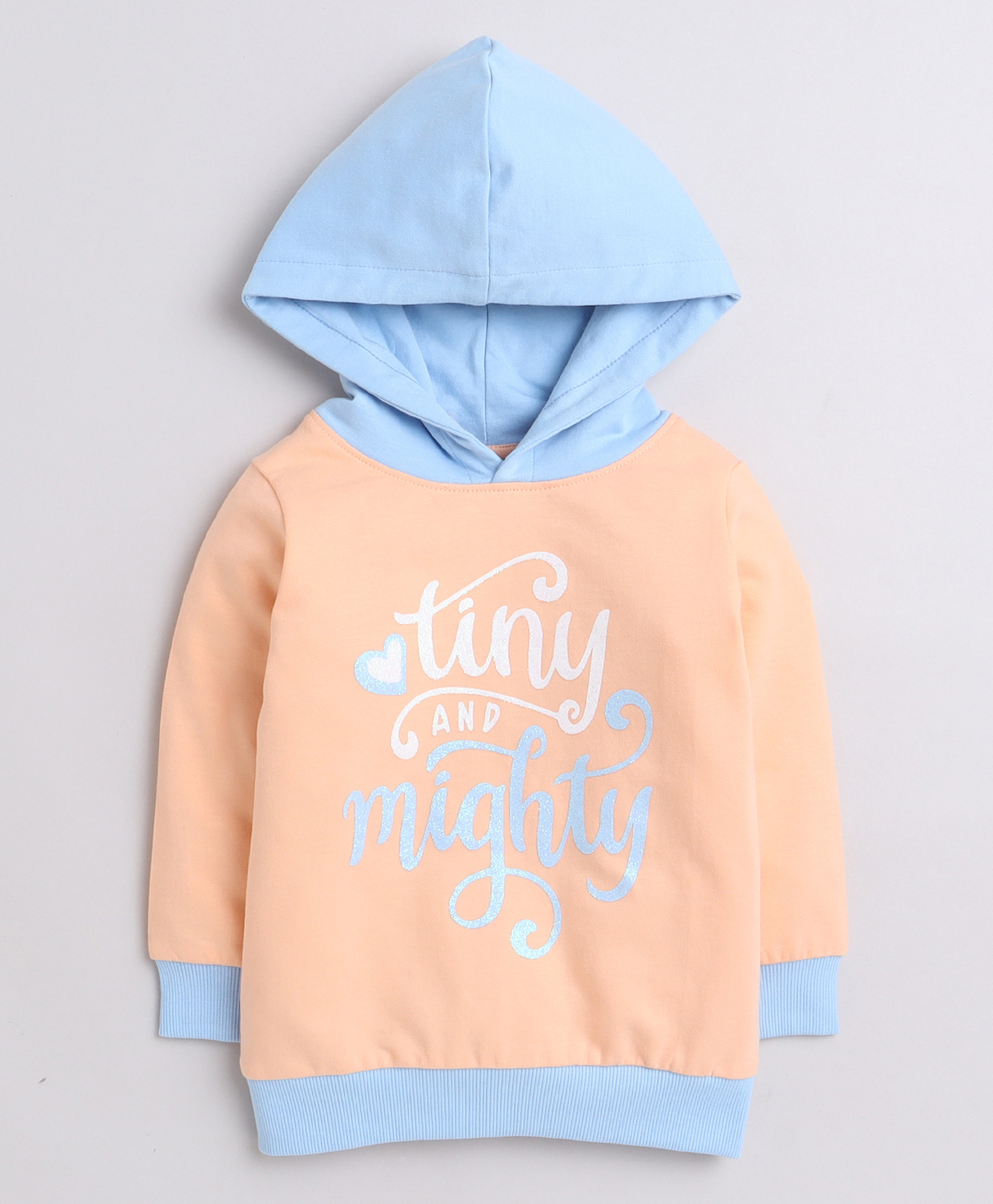 BUMZEE Looper Knit Full Sleeves Text Printed Hooded Sweatshirt - Peach & Blue-image-19