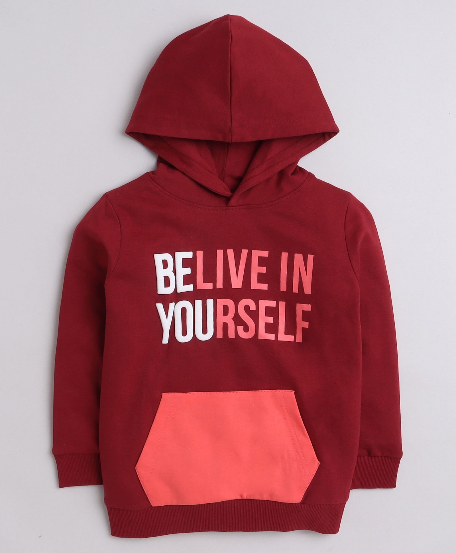 BUMZEE Looper Knit Full Sleeves Text Printed Hooded Sweatshirt With Kangaroo Pockets - Maroon-picture-26