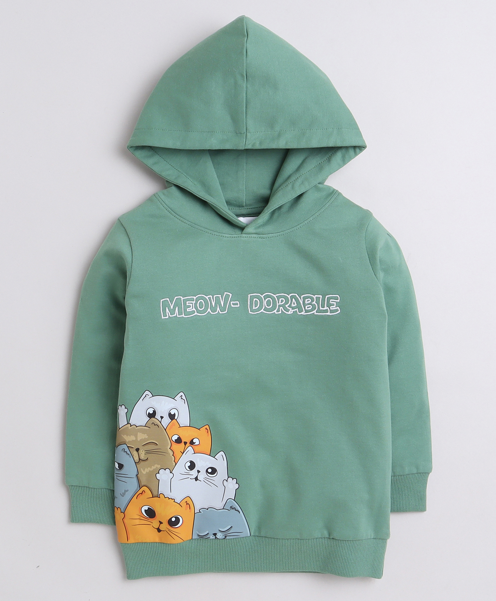 BUMZEE Looper Knit Full Sleeves Cat Printed Hooded Sweatshirt - Green-picture-34