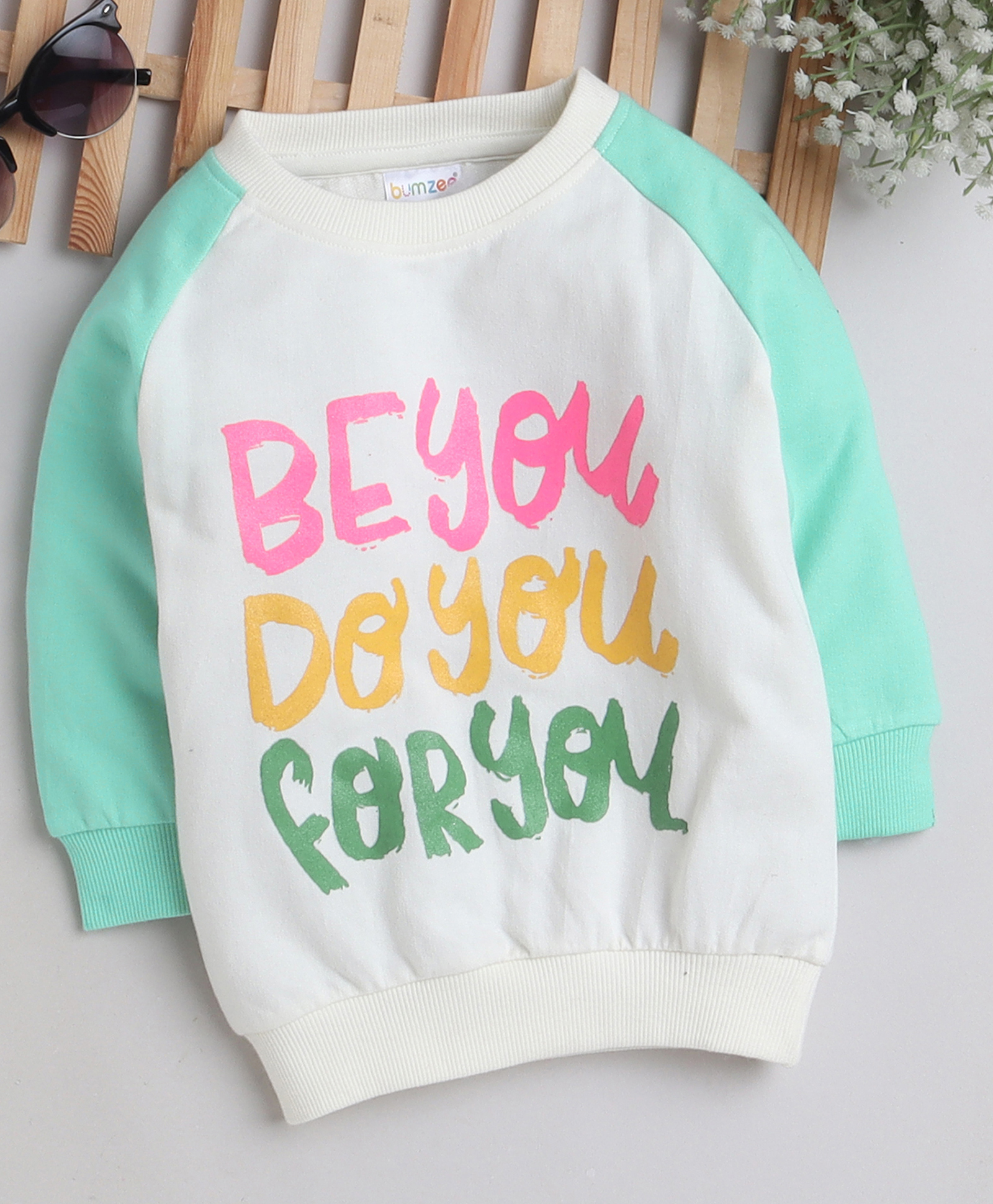 BUMZEE Cotton Knit Full Raglan Sleeves Sweatshirt With Text Print - White & Green-picture-24