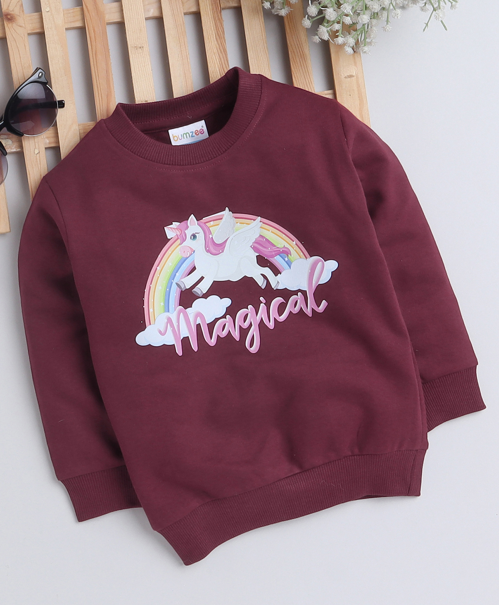 BUMZEE Cotton Knit Full Sleeves Sweatshirt With Unicorn Print - Burgandy-image-28