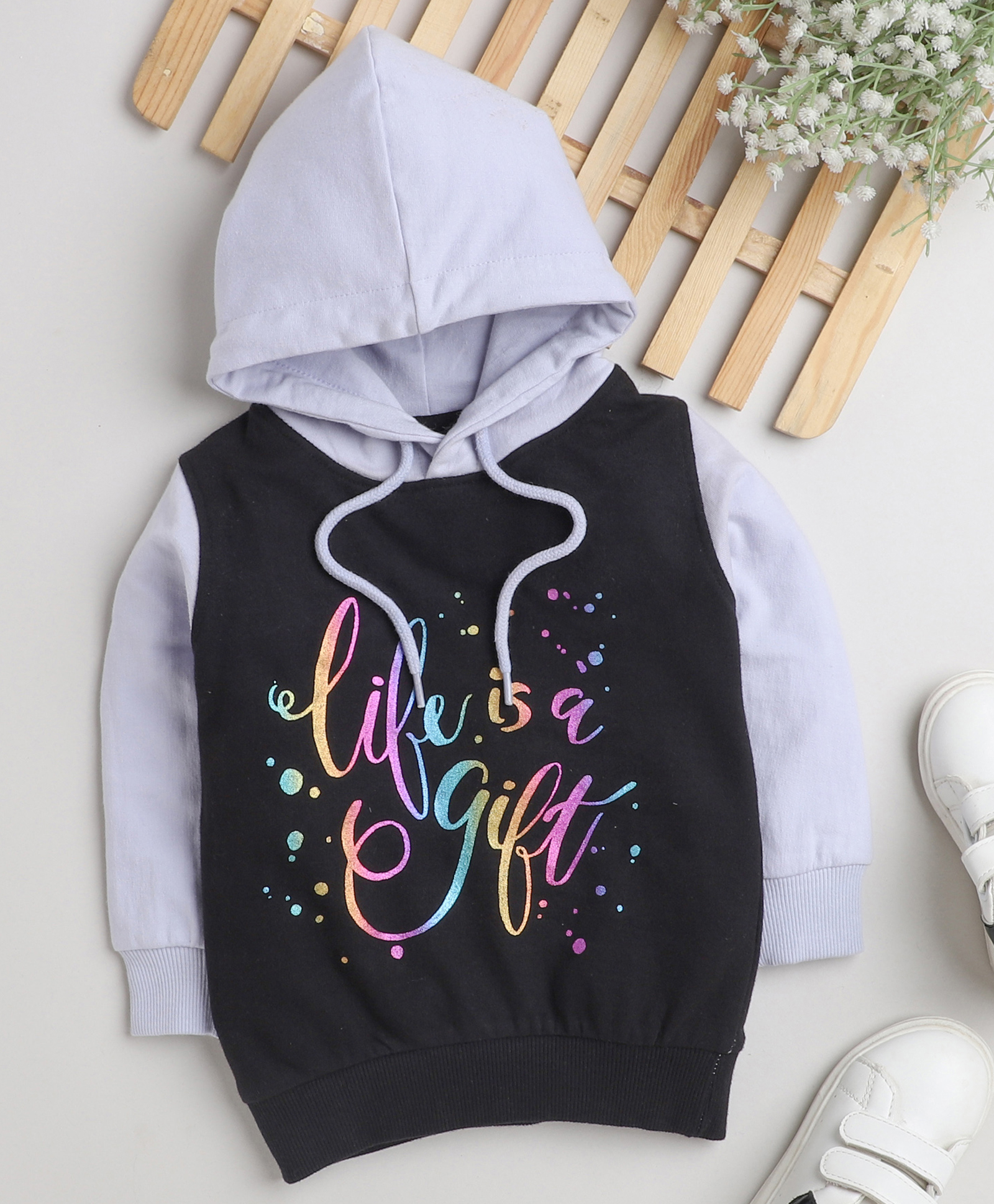 BUMZEE Cotton Knit Full Sleeves Hooded Sweatshirt With Glitter Text Print - Black & Lavender-image-32