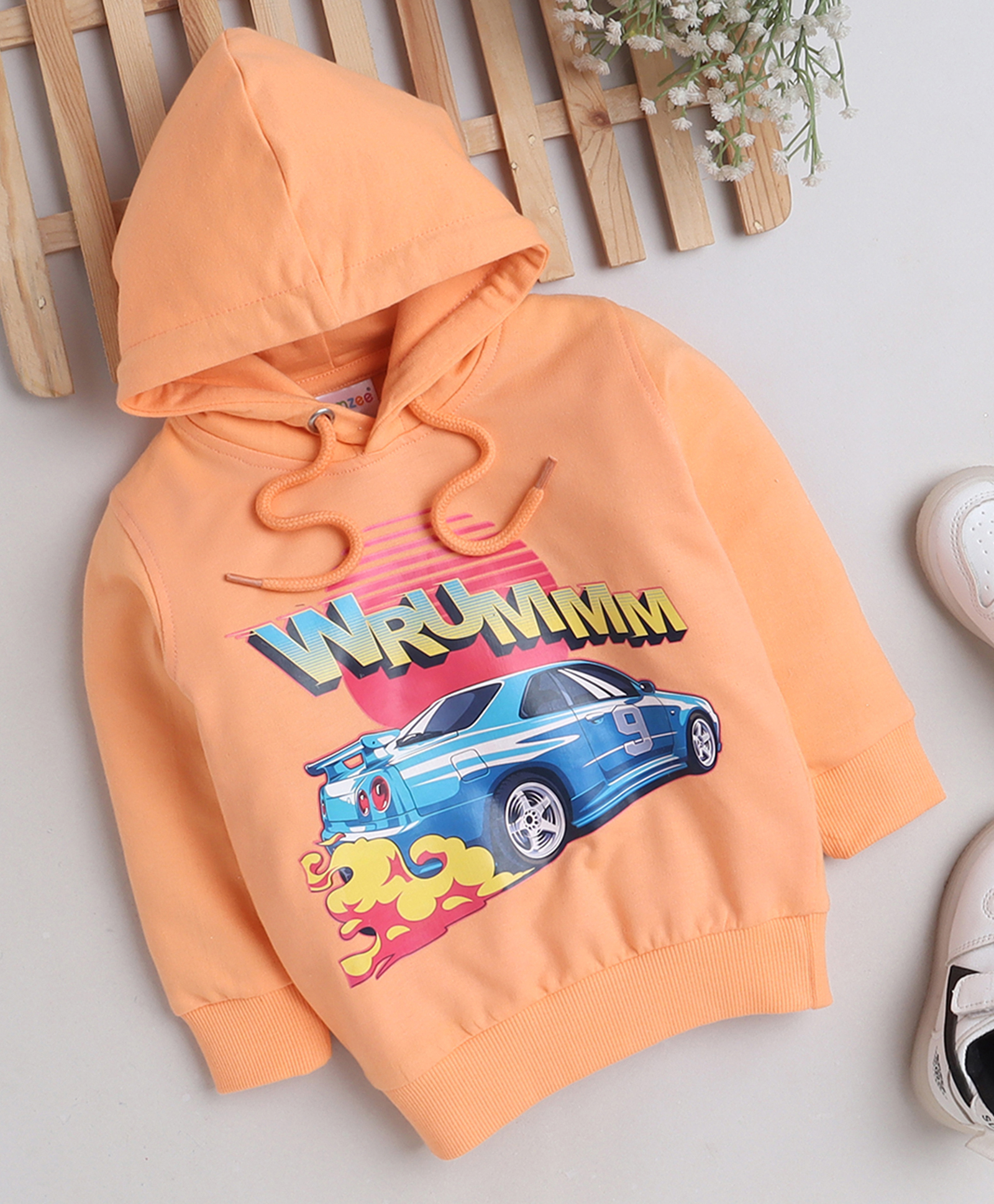 BUMZEE Cotton Knit Full Sleeves Car Printed Hooded Sweatshirt - Orange-image-37