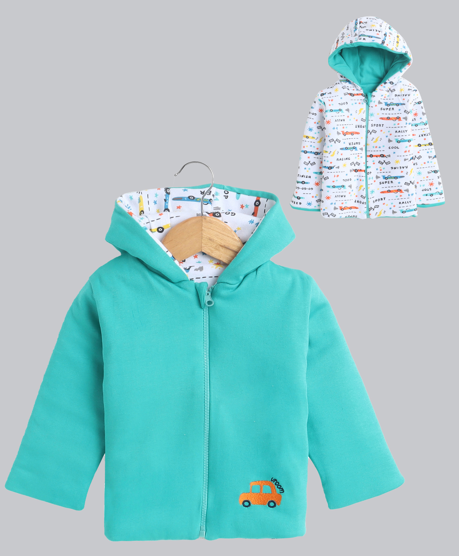 BUMZEE Cotton Knit Full Sleeves Car Printed & Embroidered Hooded Reversible Jacket - Green & White-image-20