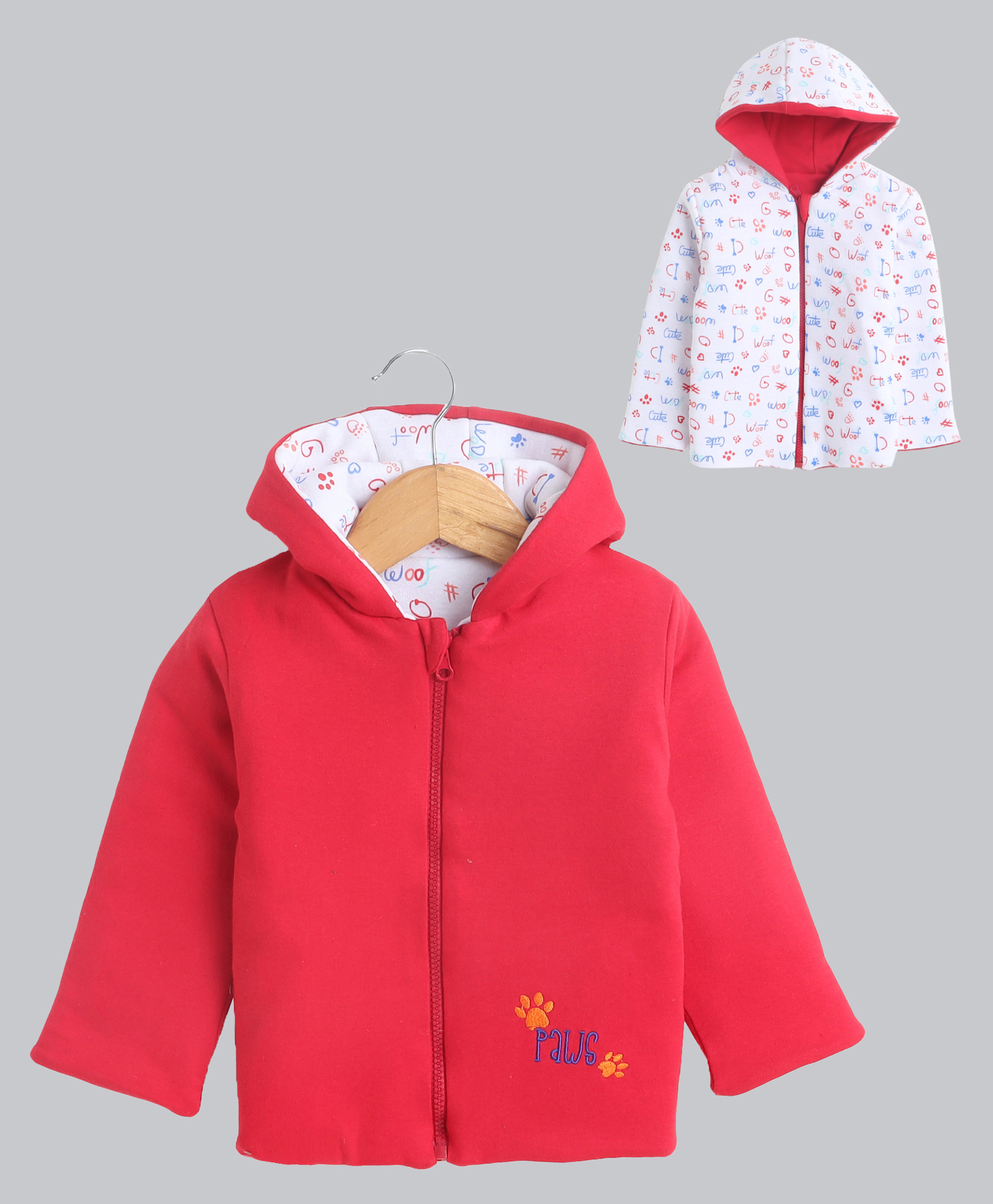 BUMZEE Cotton Knit Full Sleeves Printed & Embroidered Hooded Reversible Jacket - Red & White-picture-19