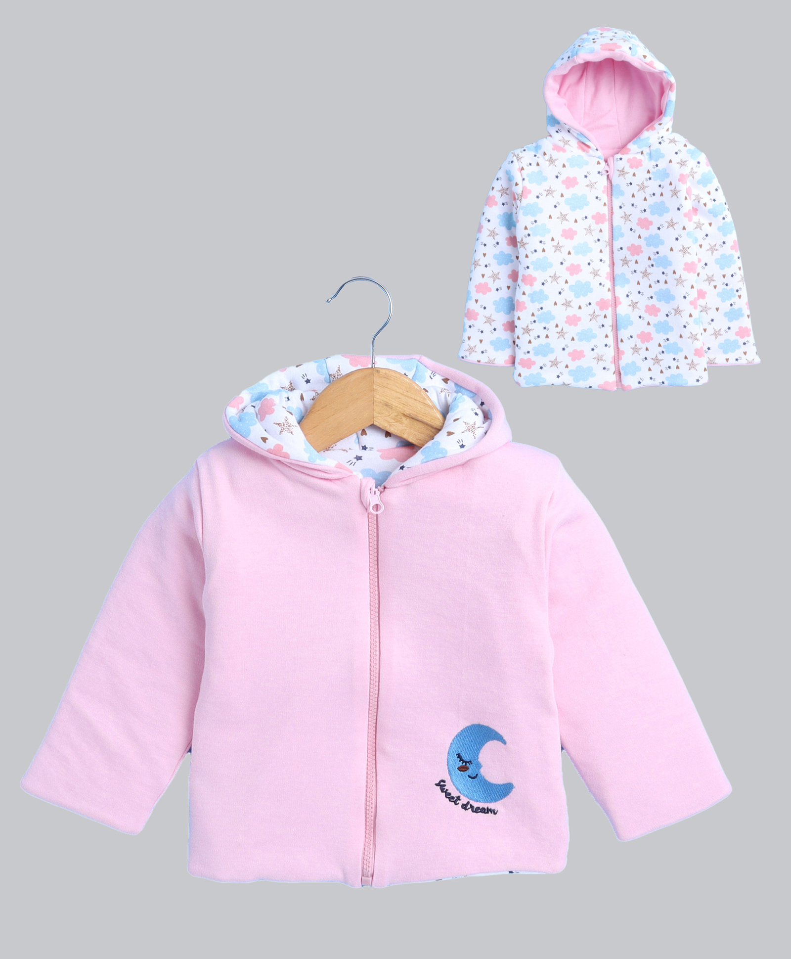 BUMZEE Cotton Knit Full Sleeves Cloud Printed & Embroidered Hooded Reversible Jacket - Baby Pink & White-image-23
