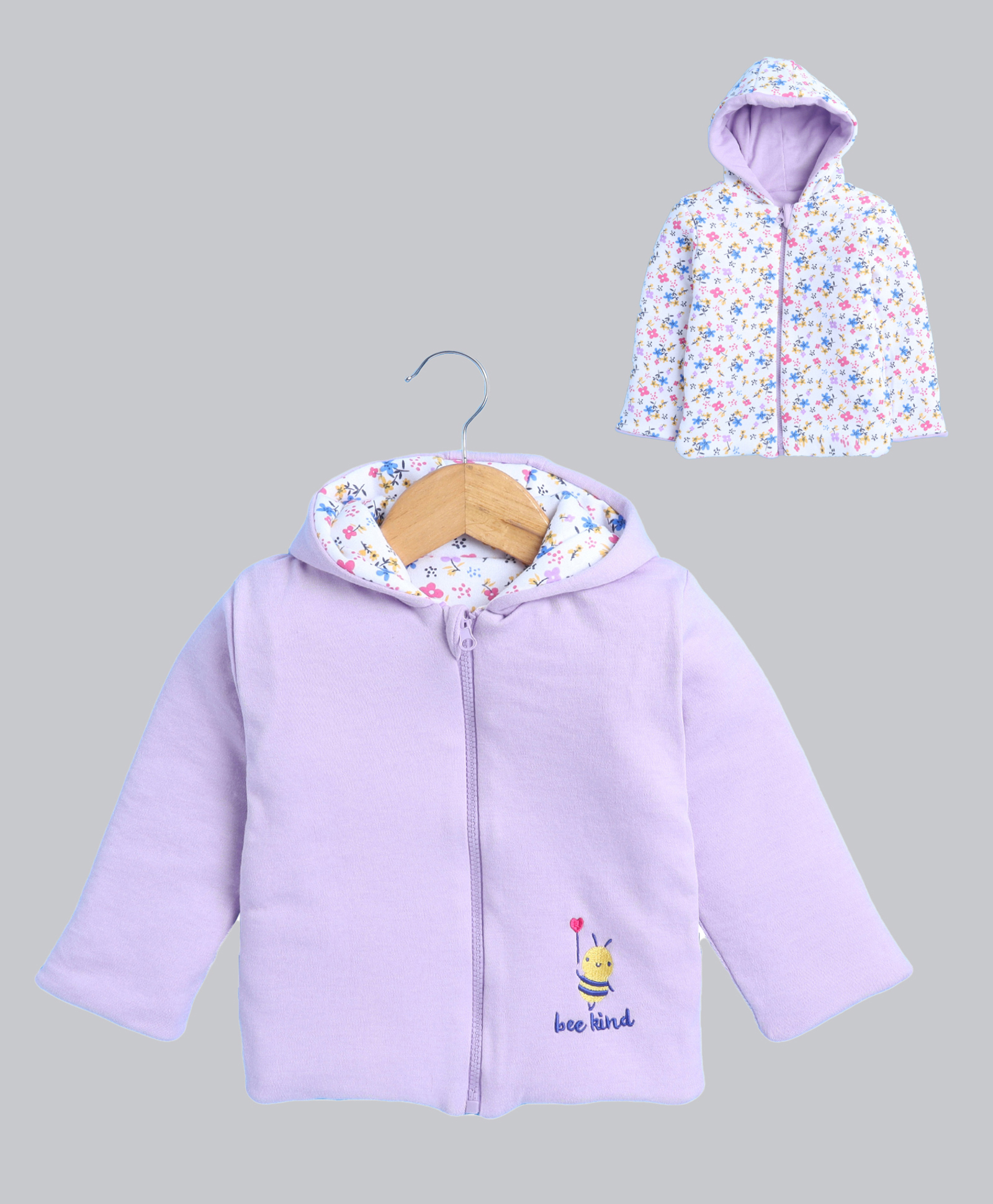 BUMZEE Cotton Knit Full Sleeves Floral Printed & Bee Embroidered Hooded Reversible Jacket - Lavender & White-image-9