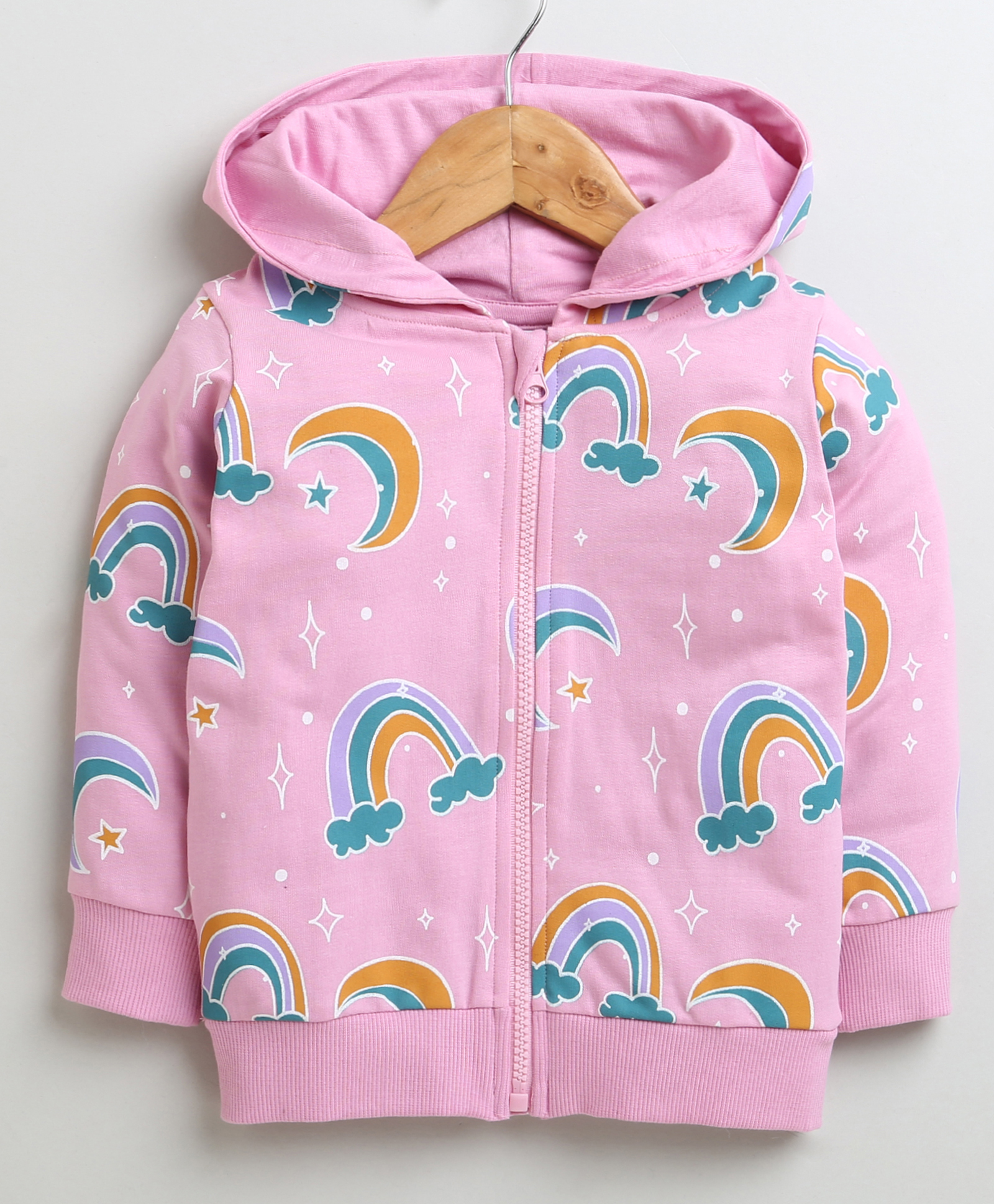 BUMZEE Looper Knit Full Sleeves Rainbow Printed Hooded Sweatjacket - Pink-image-41