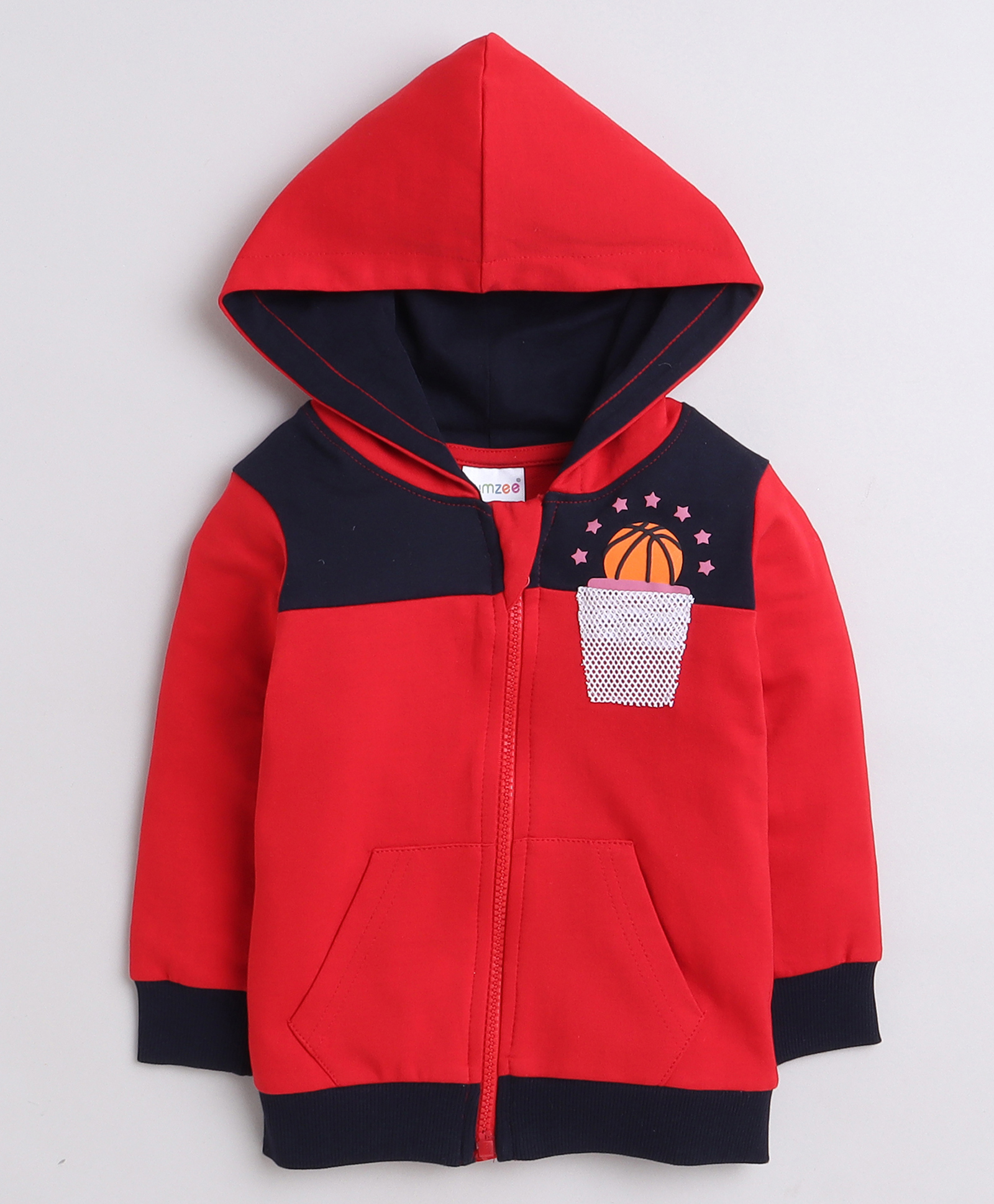 BUMZEE Fleece Knit Full Sleeves Basketball Printed Hooded Sweatjacket With Kangaroo Pockets - Red & Navy Blue-picture-23