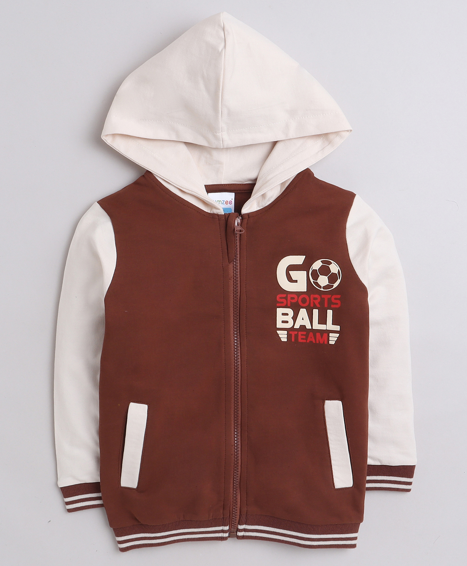 BUMZEE Looper Knit Full Sleeves Football Printed Hooded Sweatjacket - Brown & Cream-picture-36