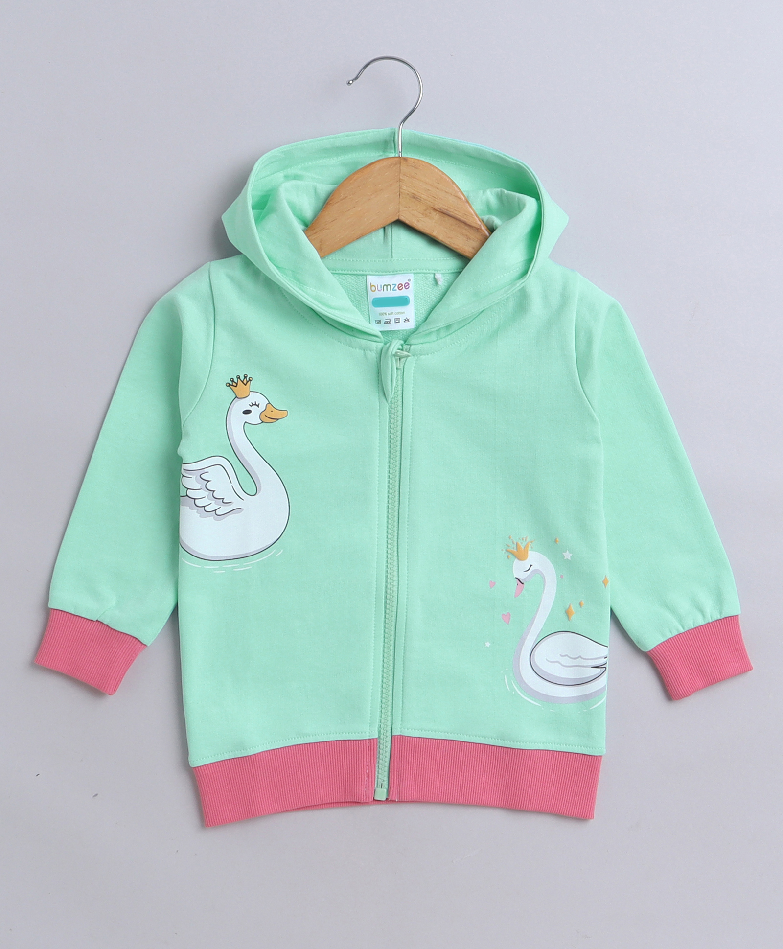 BUMZEE Looper Knit Full Sleeves Swan Printed Hooded Sweatjacket - Sea Green & Pink-picture-15