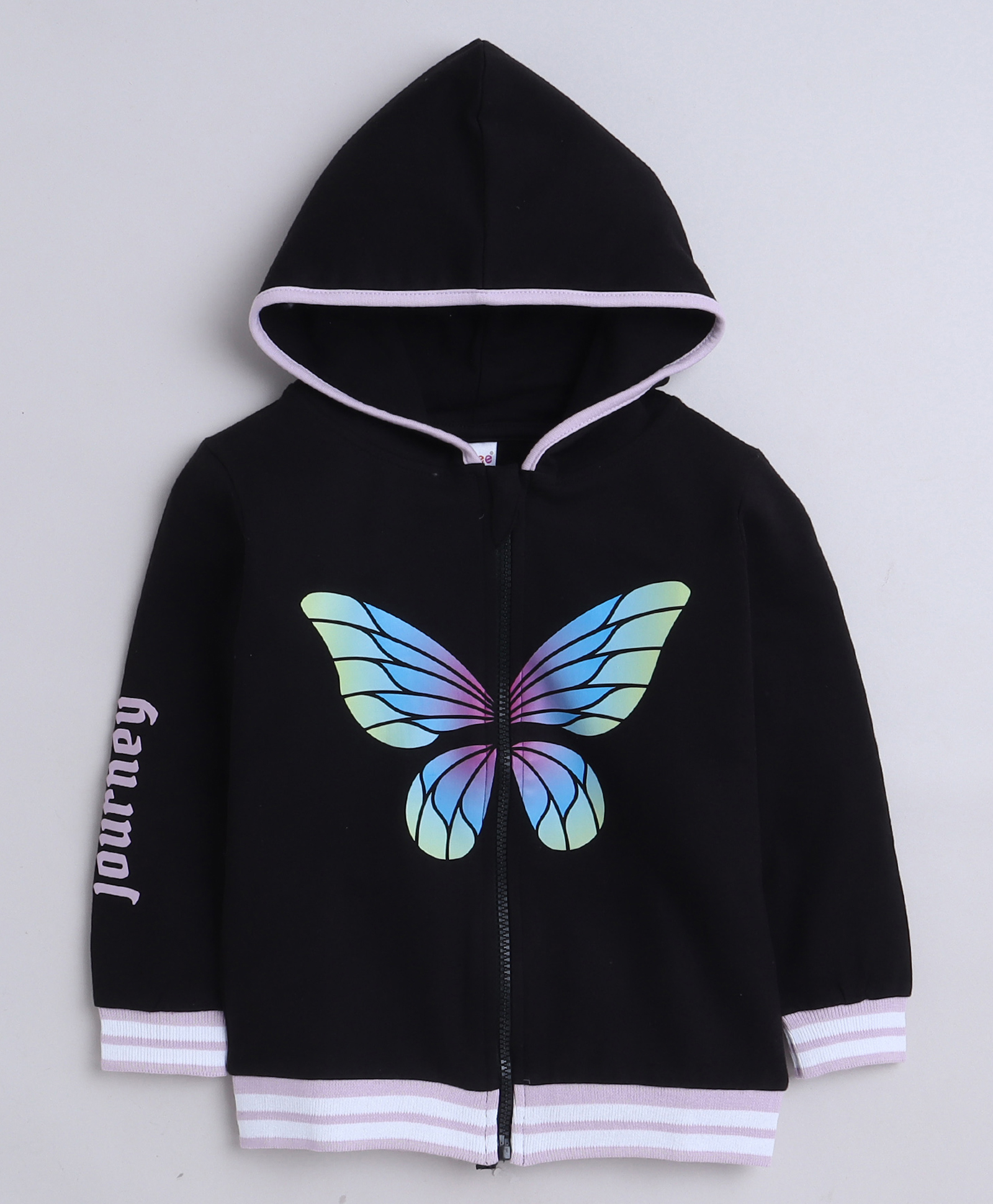 BUMZEE Looper Knit Full Sleeves Butterfly Printed Hooded Sweatjacket - Black-picture-12