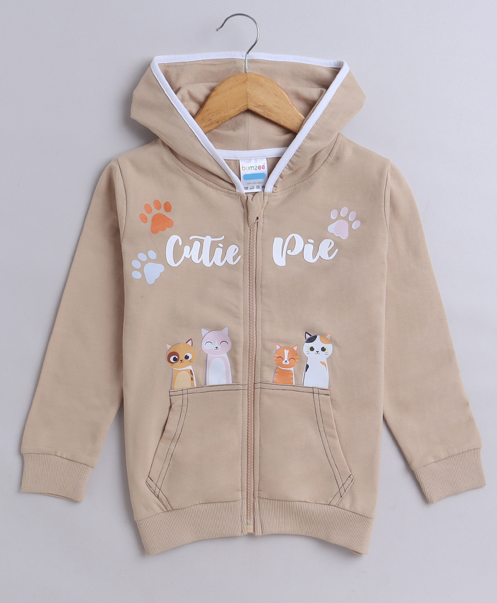 BUMZEE Cotton Looper Knit Full Sleeves Cat Printed Sweat Jacket With Hood & Kangaroo Pockets - Beige-picture-26