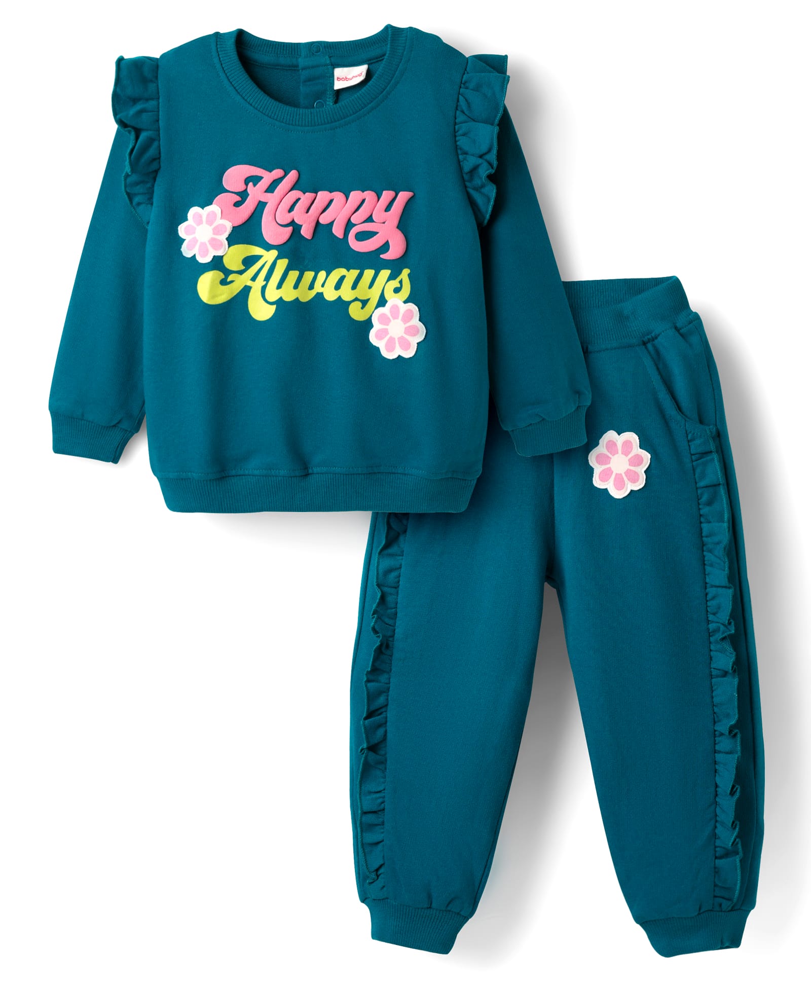 Babyhug Terry Knit Full Sleeves Top & Lounge Pant Set with Text Print & Frill Detailing - Teal Blue-image-19