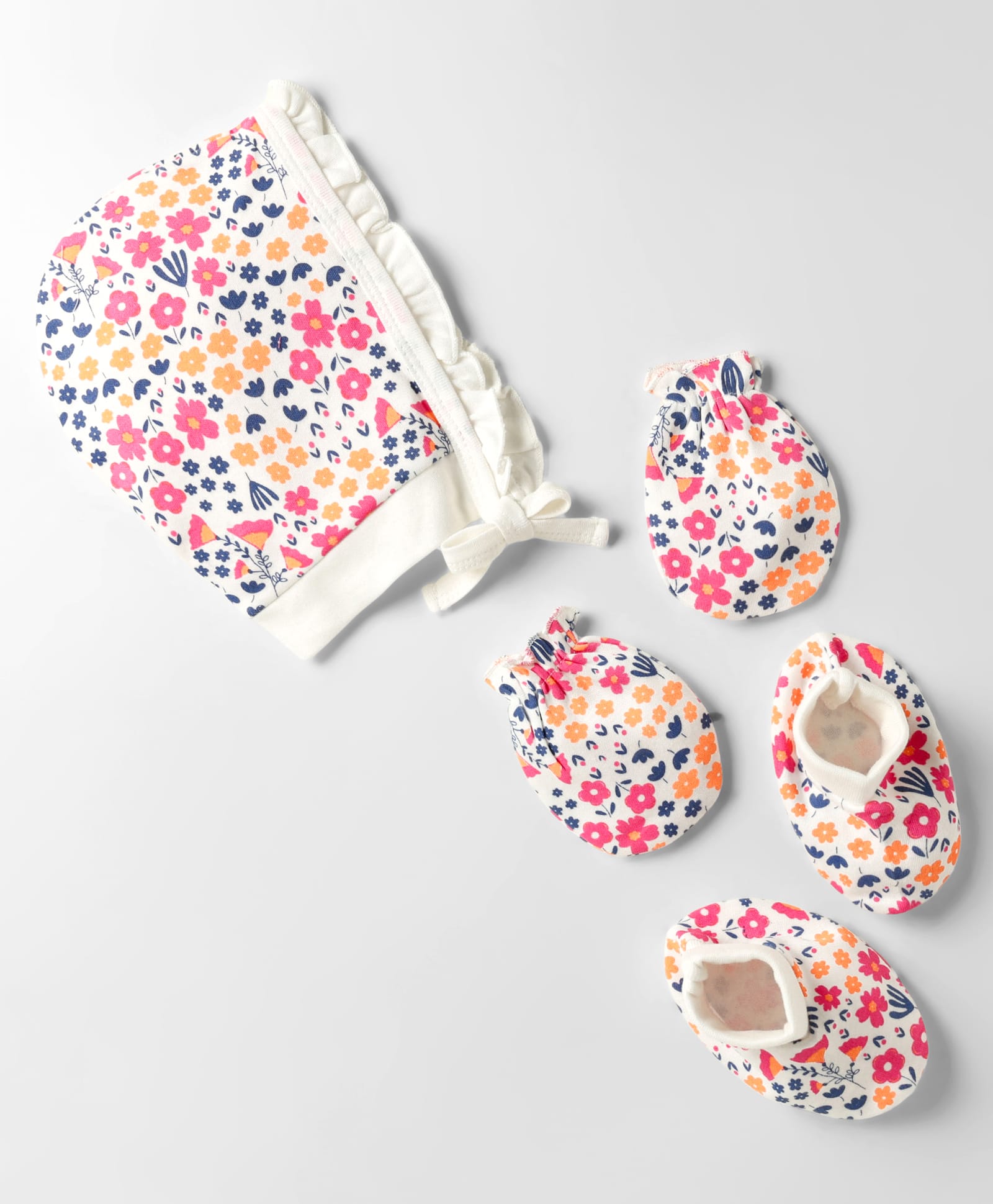 Doodle Poodle Interlock Cotton Knit Cap Mittens & Booties With Floral Print White - Circumference 37 cm-picture-41