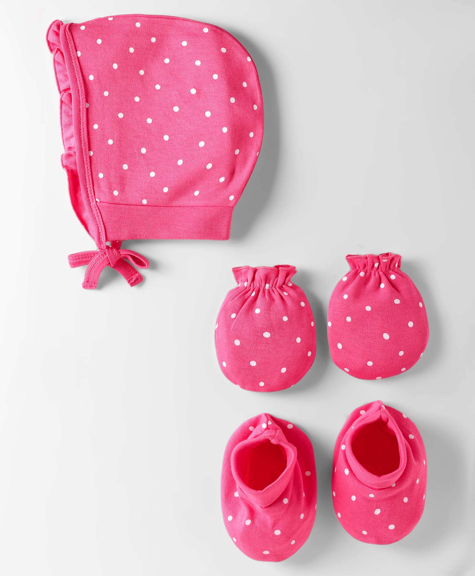 Doodle Poodle Interlock Cotton Knit Cap Mittens & Booties With Polka Dots Print Dark Pink - Circumference 37 cm-image-29