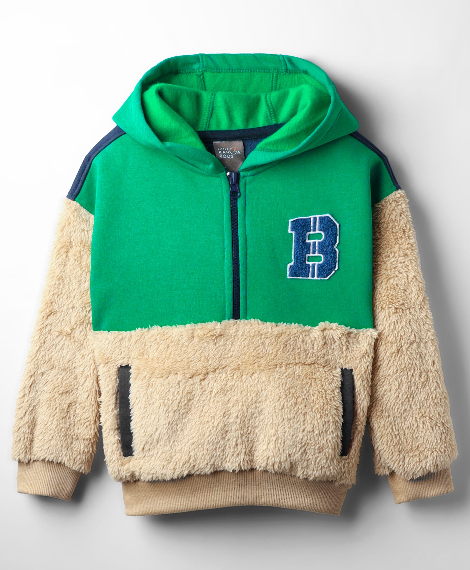 Little Kangaroos Woven Drop Shoulder Full Sleeves Hooded Sweatshirt with Patch Fur & Pockets Detailing - Green-picture-11