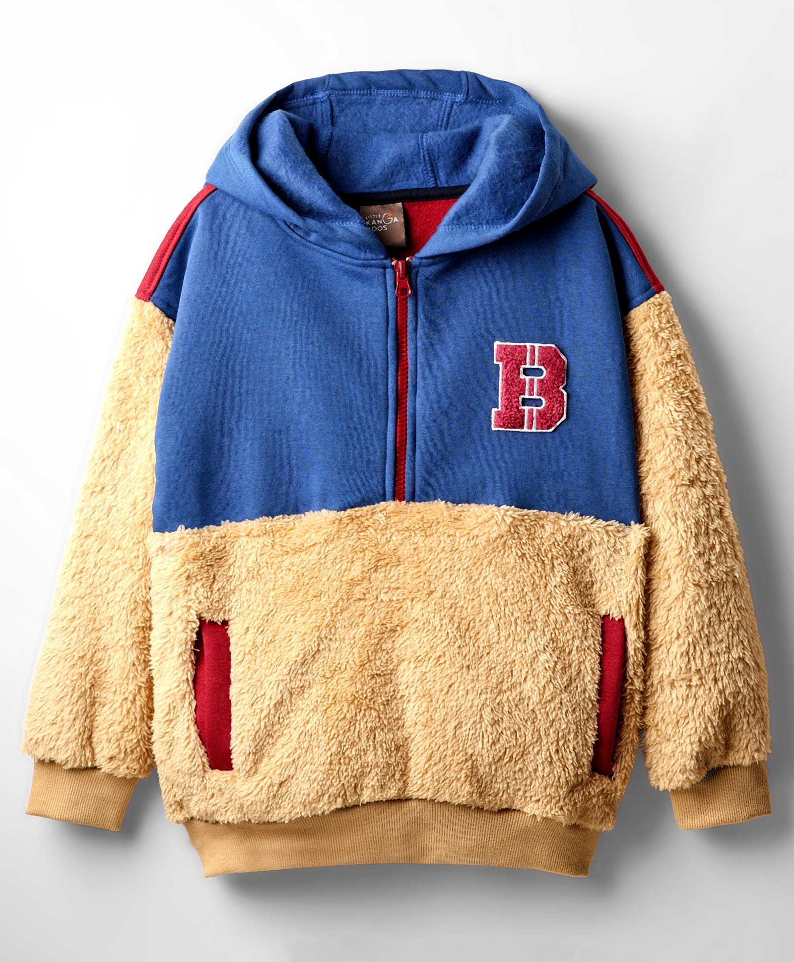 Little Kangaroos Woven Drop Shoulder Full Sleeves Hooded Sweatshirt with Patch Fur & Pockets Detailing - Royal Blue-image-36