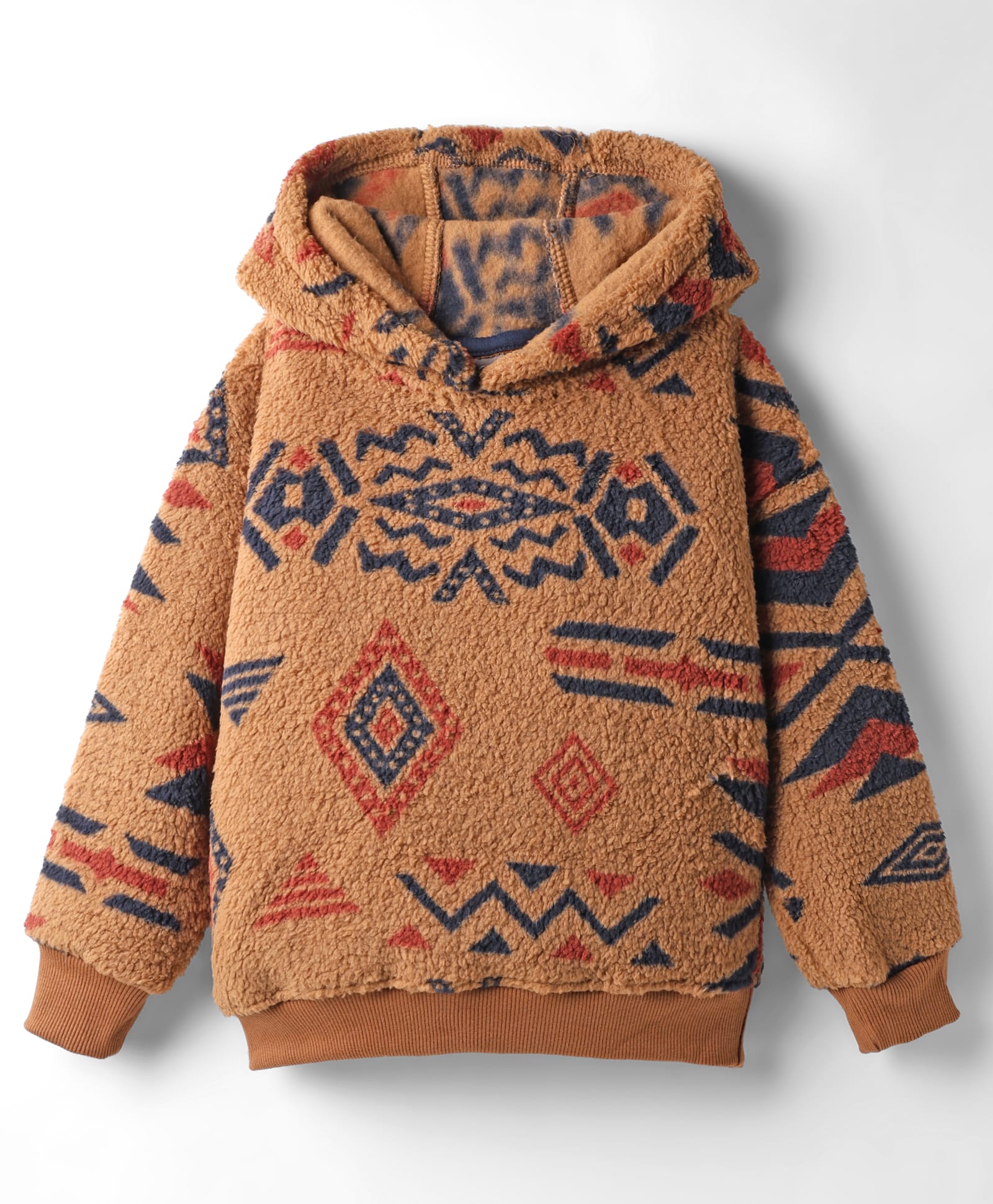 Little Kangaroos Woven Full Sleeves Hooded Fur Sweatshirt with Abstract Print - Brown-picture-16
