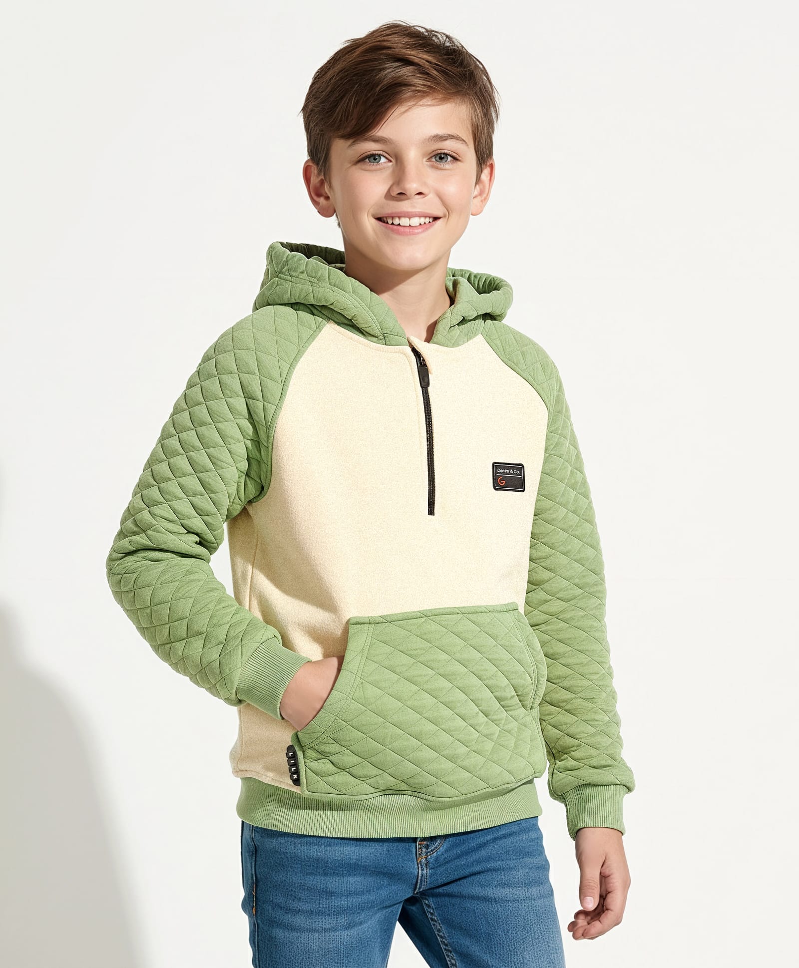 Little Kangaroos Cotton Blend Woven Full Raglan Sleeves Hooded Sweatshirt with Patch & Kangaroo Pockets - Green & Cream-picture-23