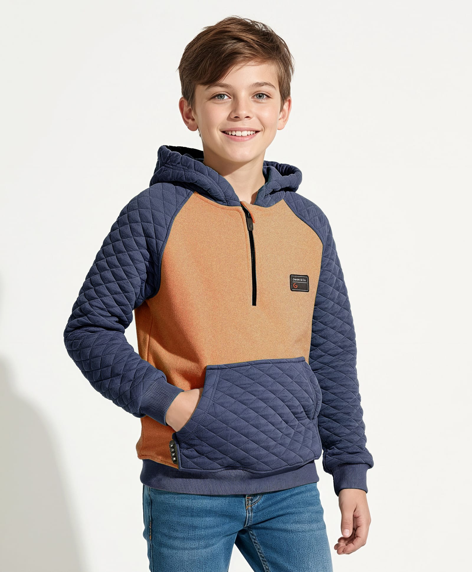 Little Kangaroos Cotton Blend Woven Full Raglan Sleeves Hooded Sweatshirt with Patch & Kangaroo Pockets - Navy Blue-image-25