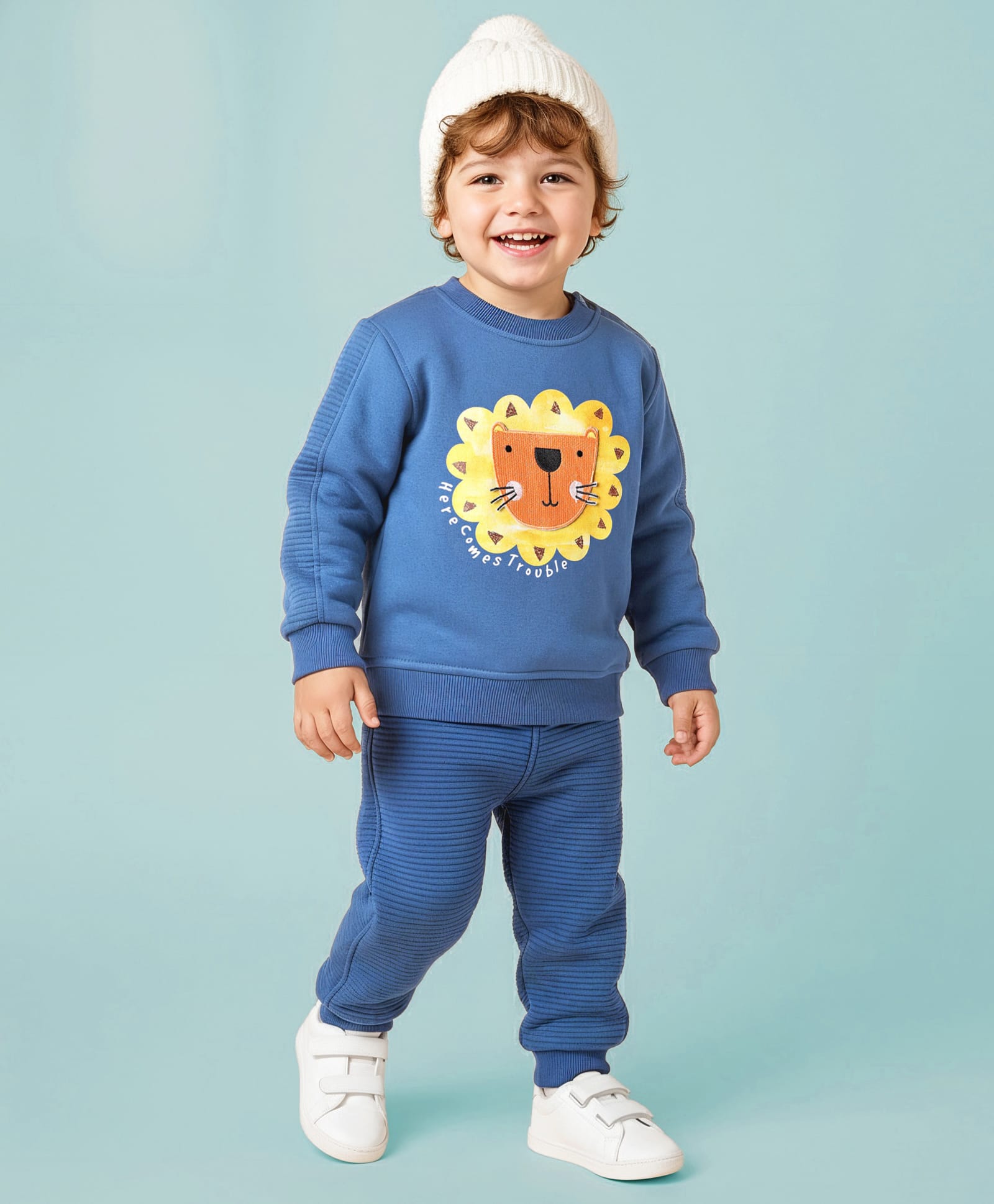 Little Kangaroos Woven Winter Wear Sweatshirt & Lounge Pant Set with Lion Print & Patch Detailing - Royal Blue-image-11