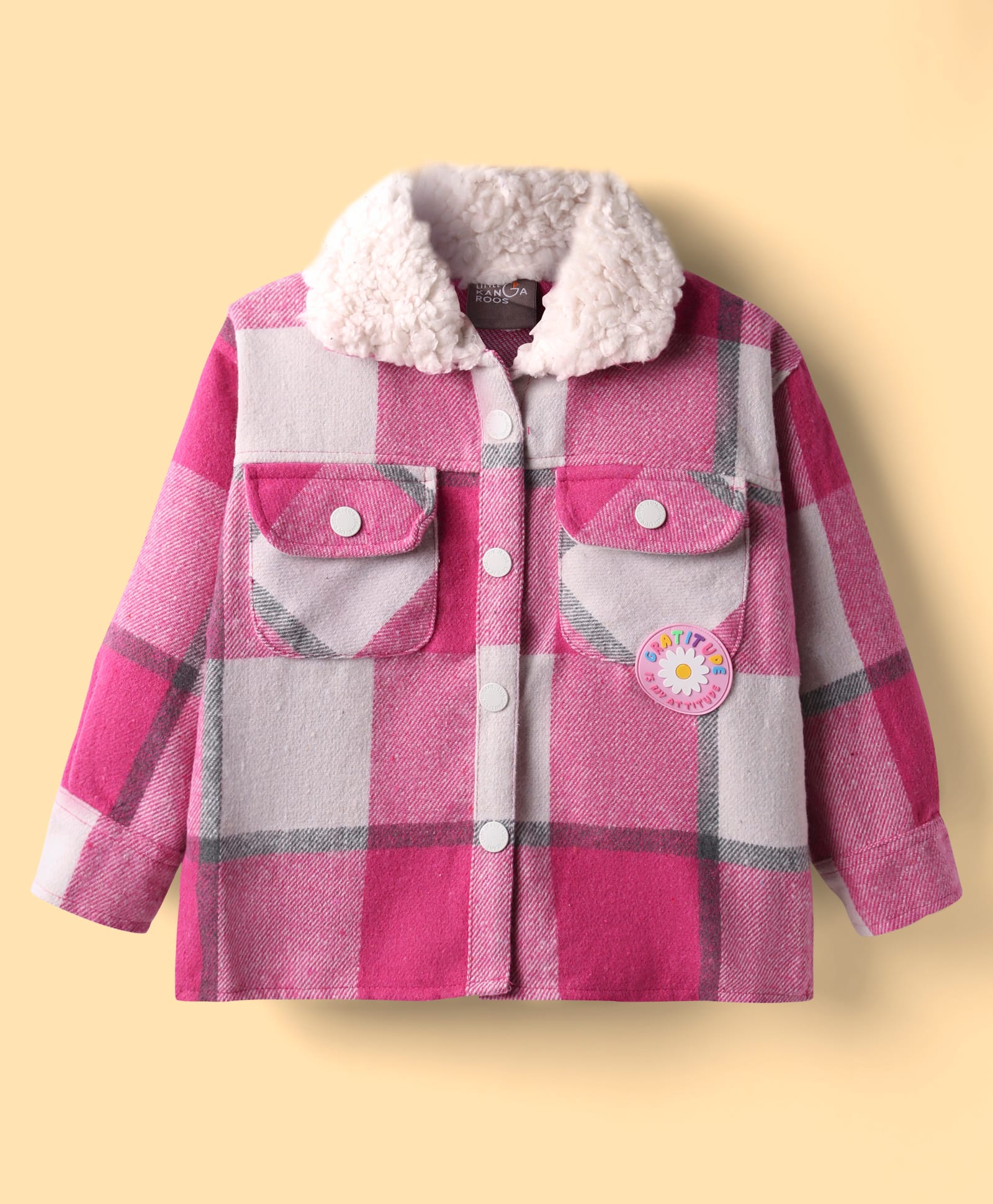 Little Kangaroos Woven Full Sleeves Checkered Jacket - Dark Pink-image-25