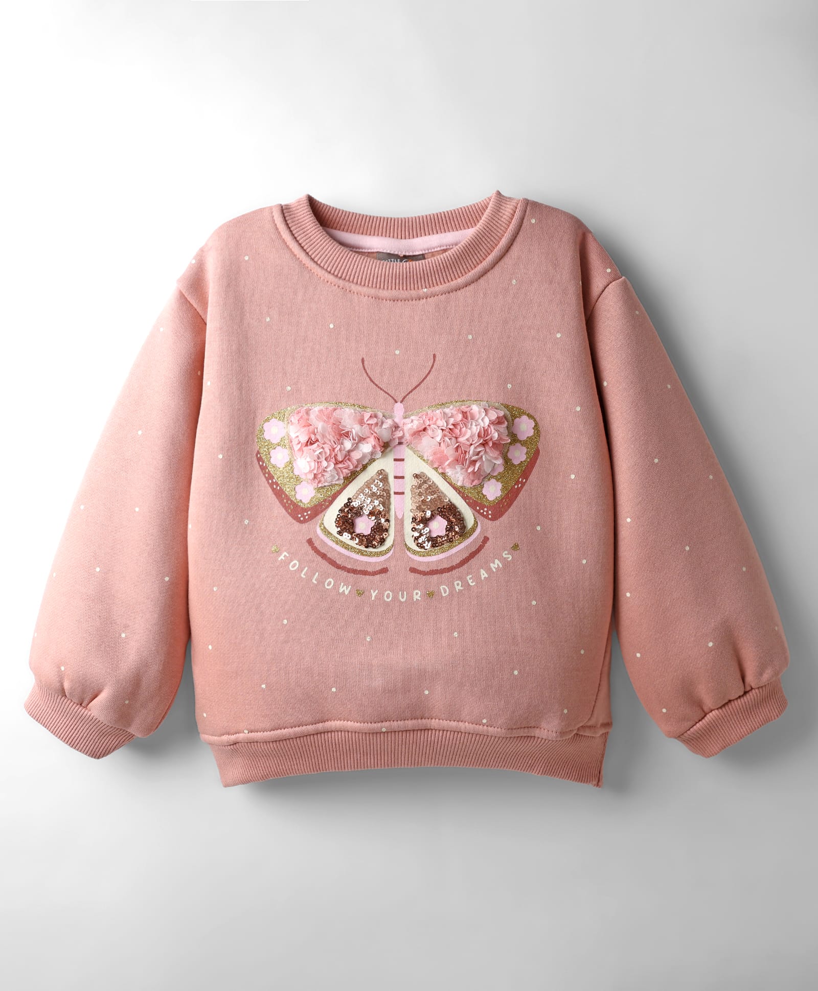 Little Kangaroos Woven Full Sleeves Pullover Sweatshirt with Butterfly Glitter Print & Sequin Detailing - Dark Peach-picture-26