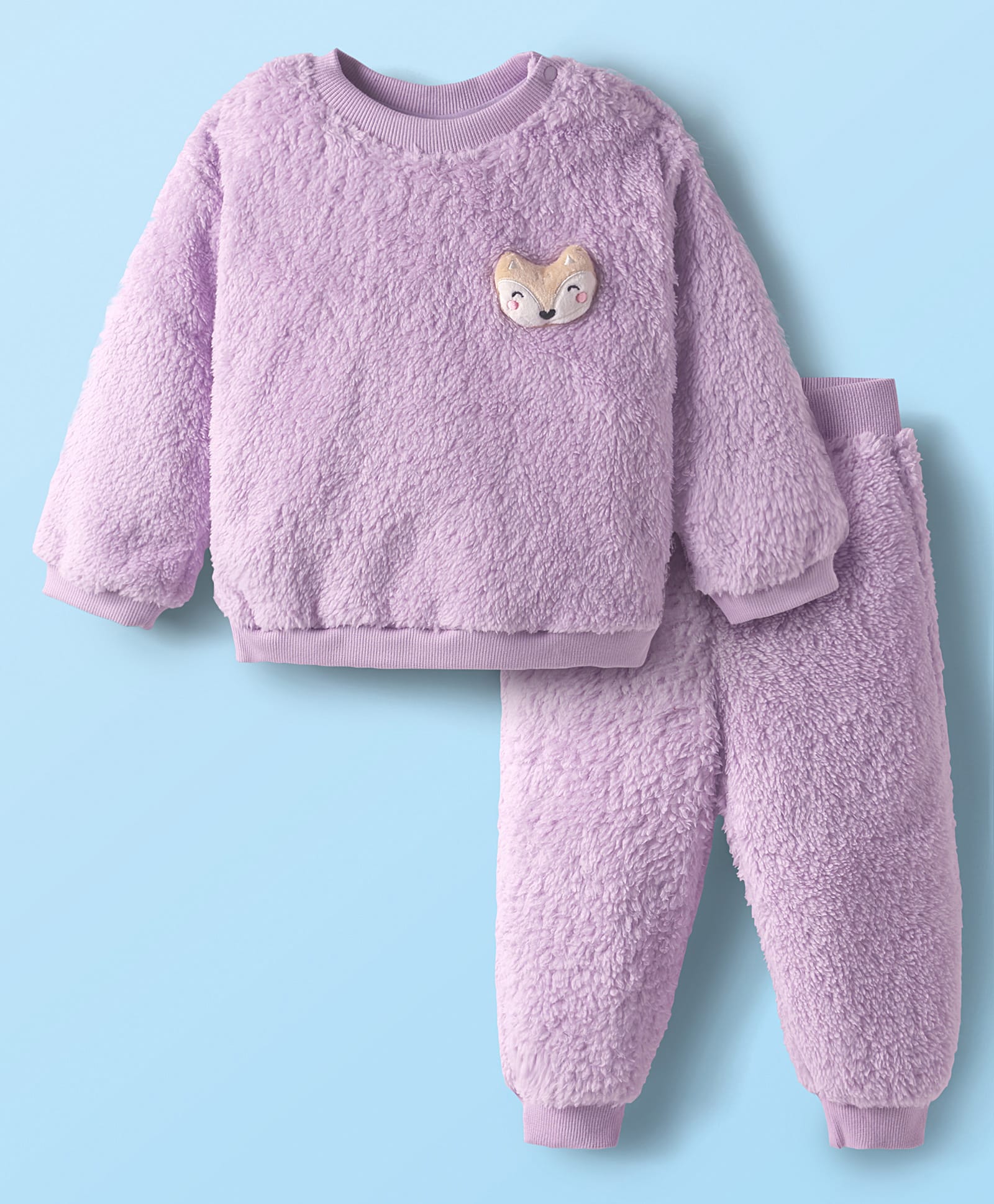 Little Kangaroos Woven Winter Wear Fur Sweatshirt & Lounge Pant Set with Fox Applique - Lilac-image-17